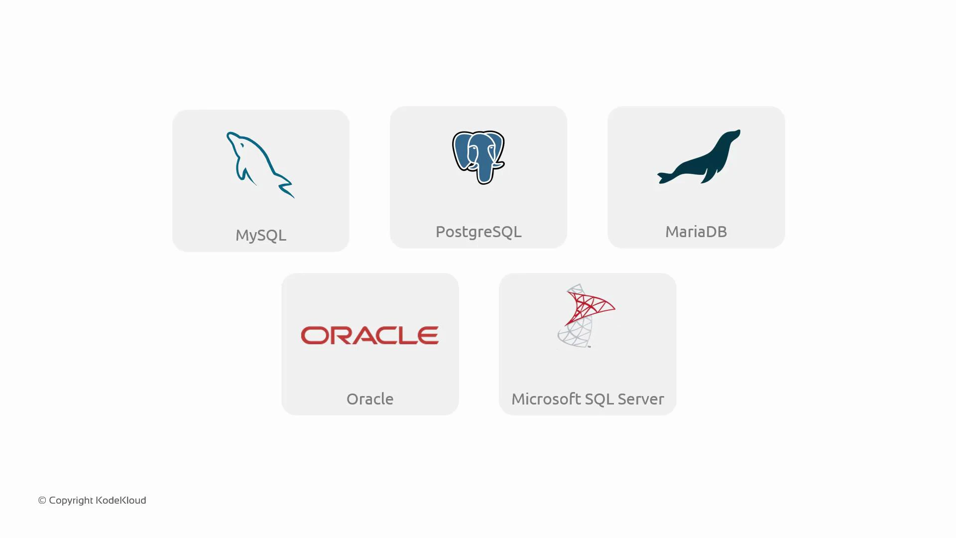 The image shows five rounded cards each displaying a database logo and name: MySQL, PostgreSQL, MariaDB, Oracle, and Microsoft SQL Server. They are arranged in two rows against a light background.