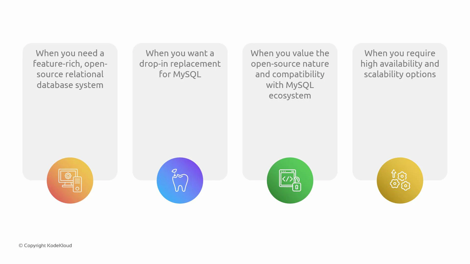 A presentation slide showing four use-cases for a MySQL-compatible open-source database: feature-rich relational DB, drop-in MySQL replacement, open-source/MySQL ecosystem compatibility, and high availability/scalability—each paired with a colorful circular icon.
