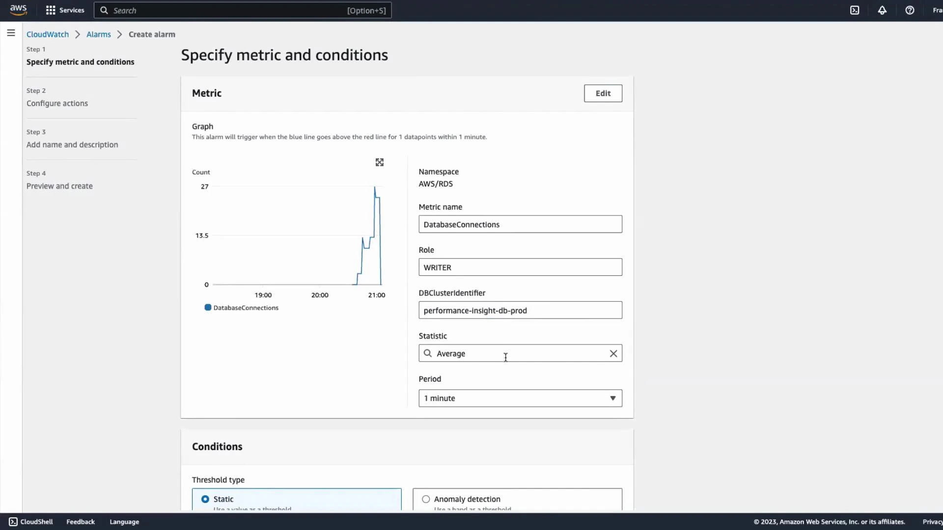 A screenshot of the AWS CloudWatch "Create alarm" screen configuring an RDS metric. It shows a rising DatabaseConnections graph on the left and form fields on the right for Namespace, Role, DBClusterIdentifier, Statistic, and Period.
