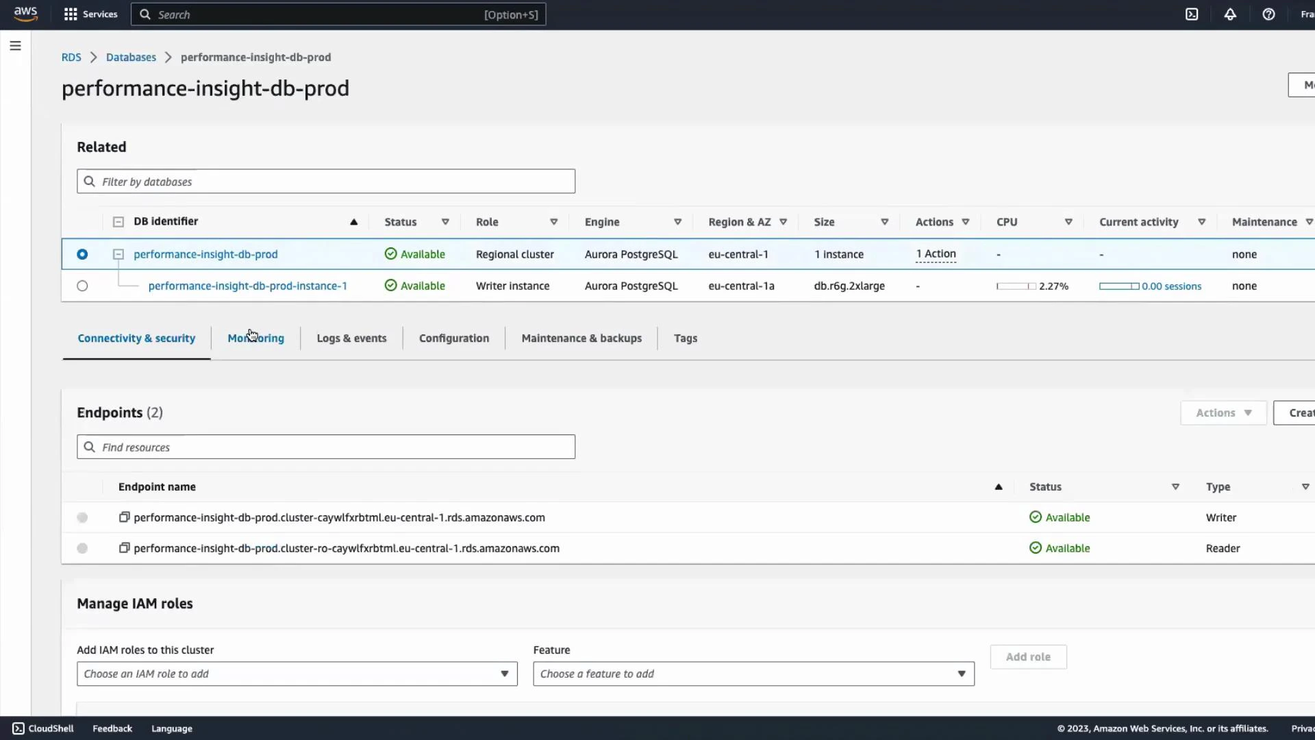 A screenshot of the AWS RDS console showing the "performance-insight-db-prod" Aurora PostgreSQL cluster with its instances, CPU/activity indicators, and endpoints. The Writer and Reader endpoints are listed as Available and there's a section for managing IAM roles.