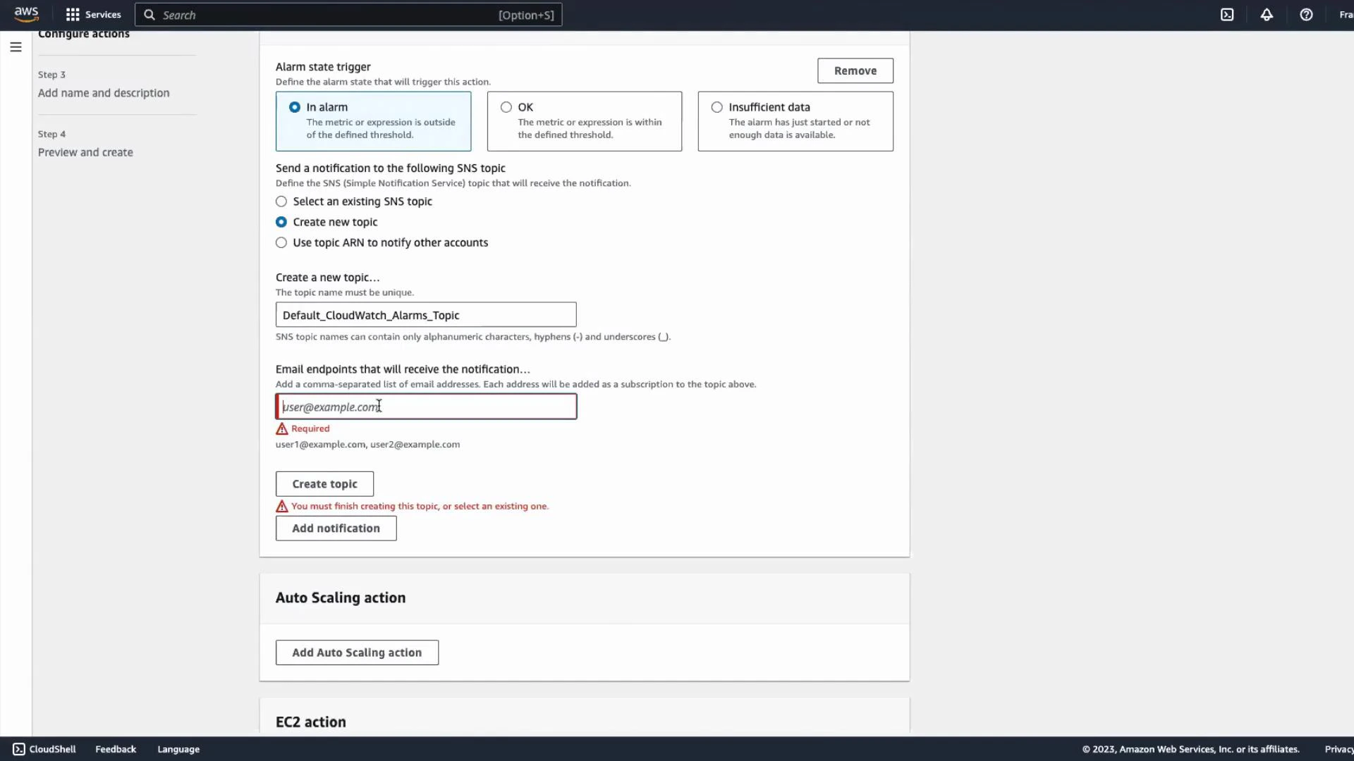 Screenshot of the AWS CloudWatch alarm action setup showing options for alarm state triggers and creating an SNS topic. The form shows a topic name "Default_CloudWatch_Alarms_Topic" and an email endpoint field (user@example.com) for notifications.