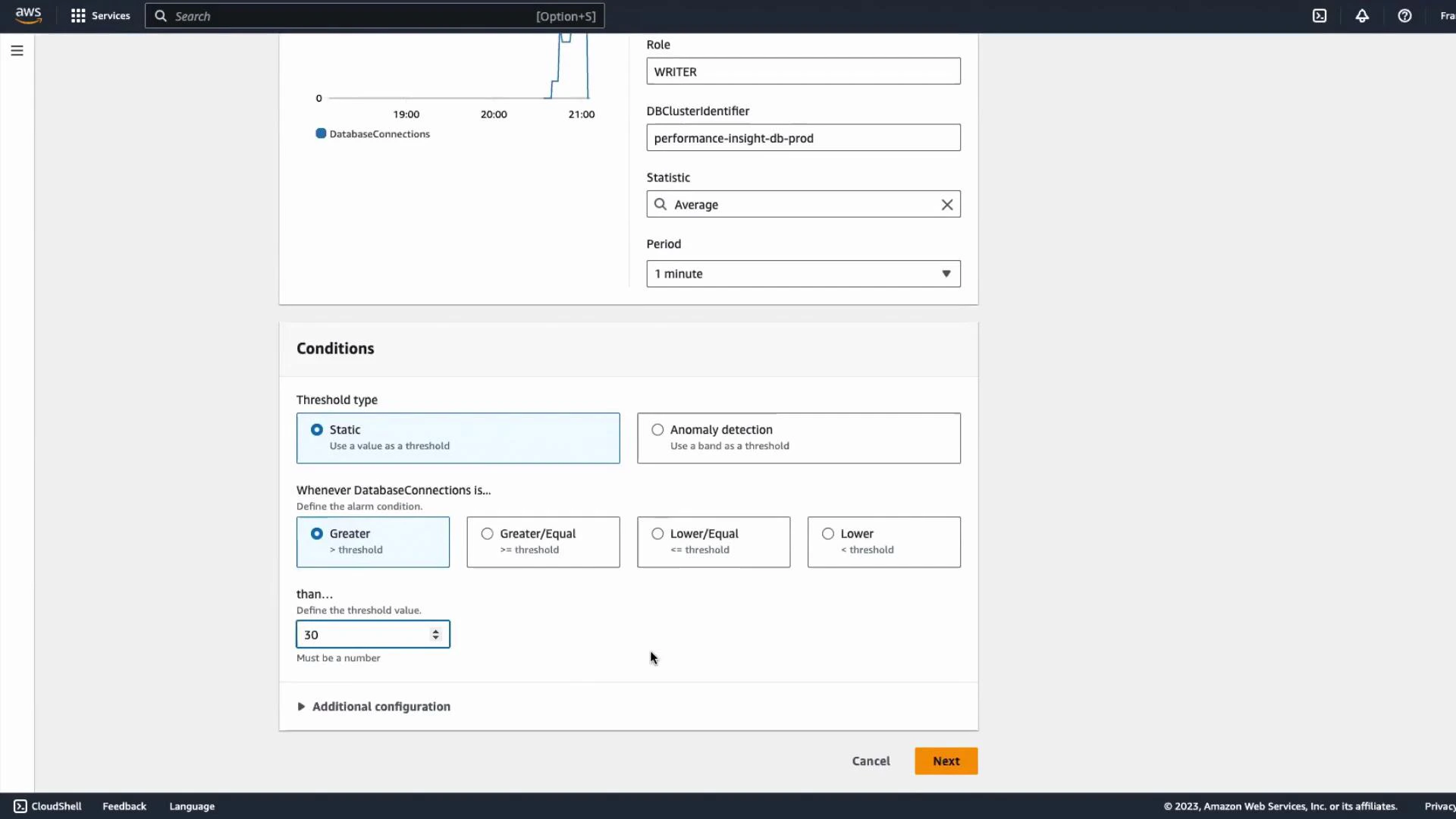 A screenshot of the AWS CloudWatch alarm configuration page showing the "Conditions" section with a Static threshold and the "Greater" comparison selected, set to a threshold value of 30 for DatabaseConnections. The top of the screen shows metric settings (Role: WRITER, DBClusterIdentifier, and Statistic: Average).