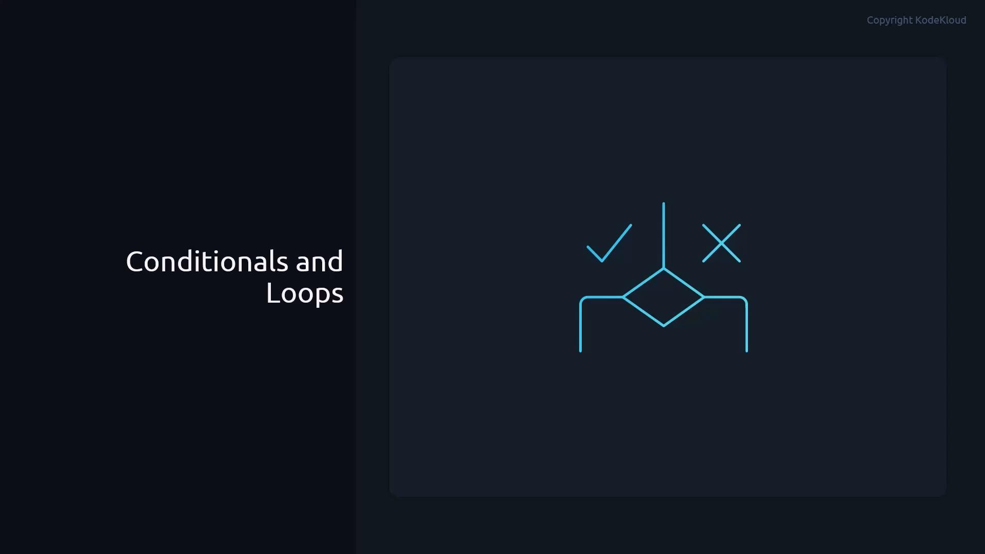 A dark presentation slide titled "Conditionals and Loops" with a neon-blue flowchart decision diamond on the right, showing a checkmark and an X for the two branches.