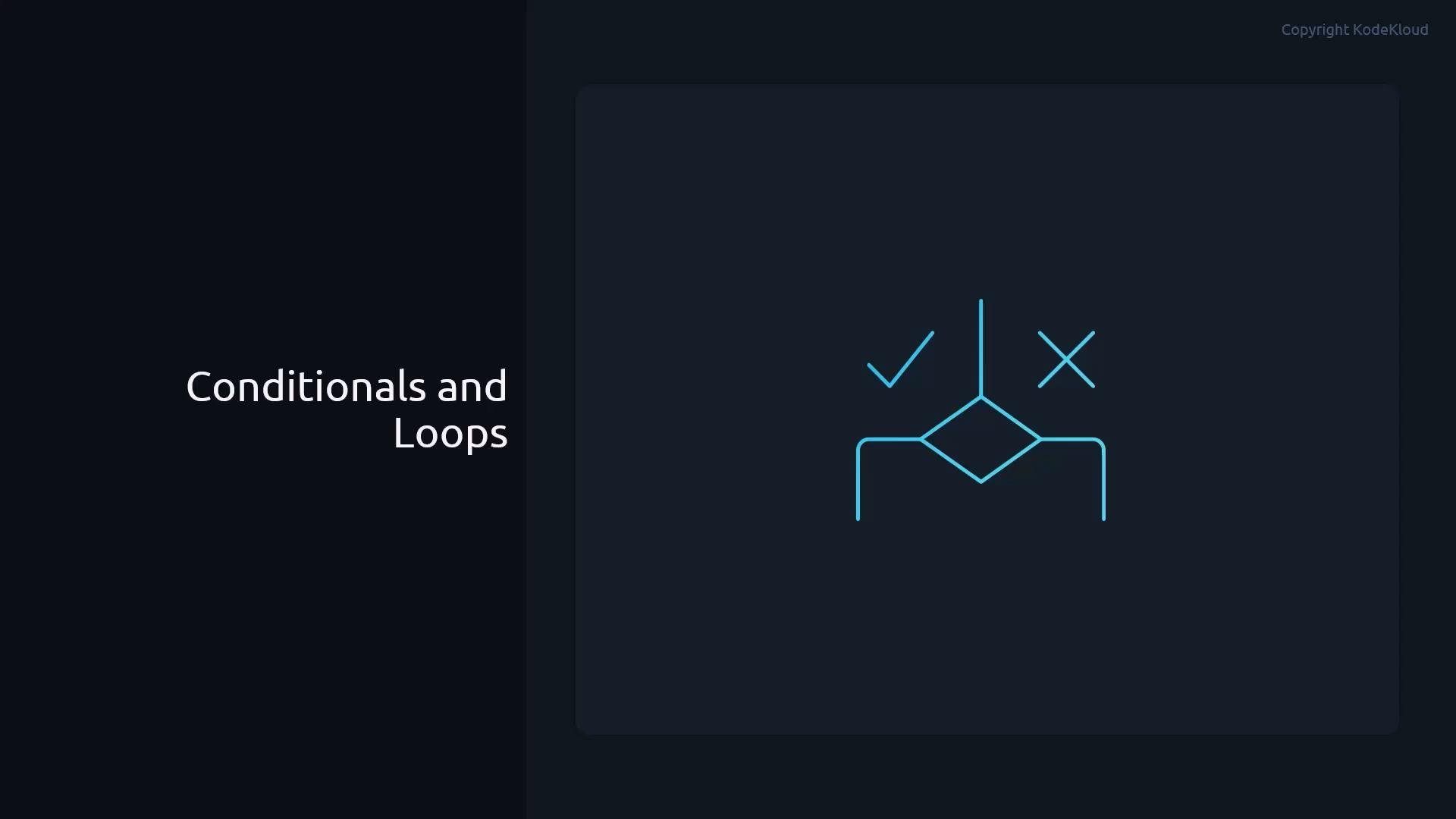 A dark presentation slide titled "Conditionals and Loops" with a neon-blue flowchart decision diamond on the right, showing a checkmark and an X for the two branches.