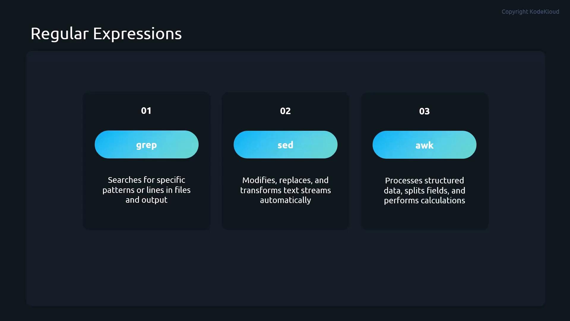 A dark-themed slide titled "Regular Expressions" showing three numbered cards for the tools "grep", "sed", and "awk." Each card briefly describes grep as searching for patterns, sed as modifying/replacing text streams, and awk as processing structured data and fields.