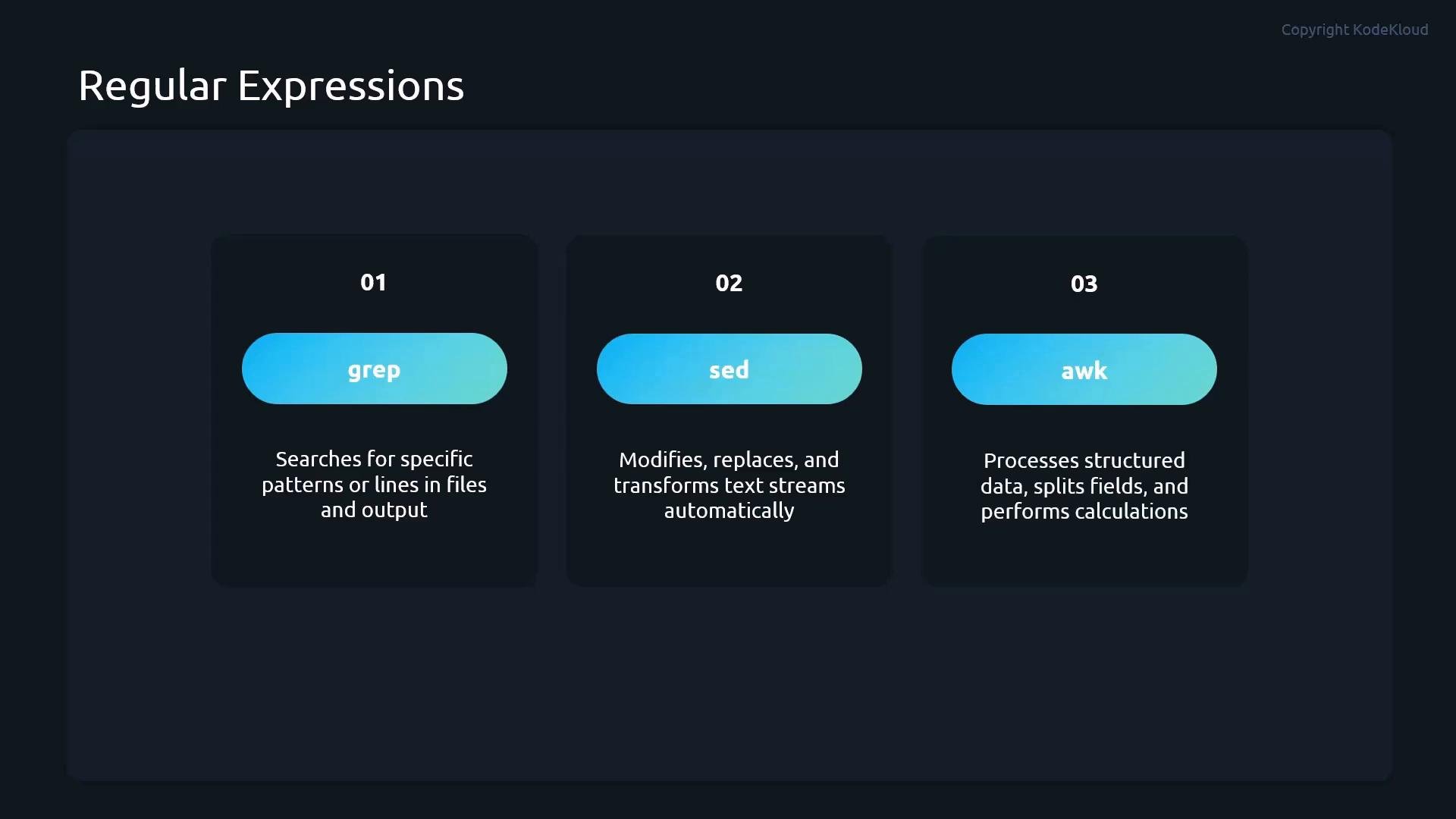 A dark-themed slide titled "Regular Expressions" showing three numbered cards for the tools "grep", "sed", and "awk." Each card briefly describes grep as searching for patterns, sed as modifying/replacing text streams, and awk as processing structured data and fields.