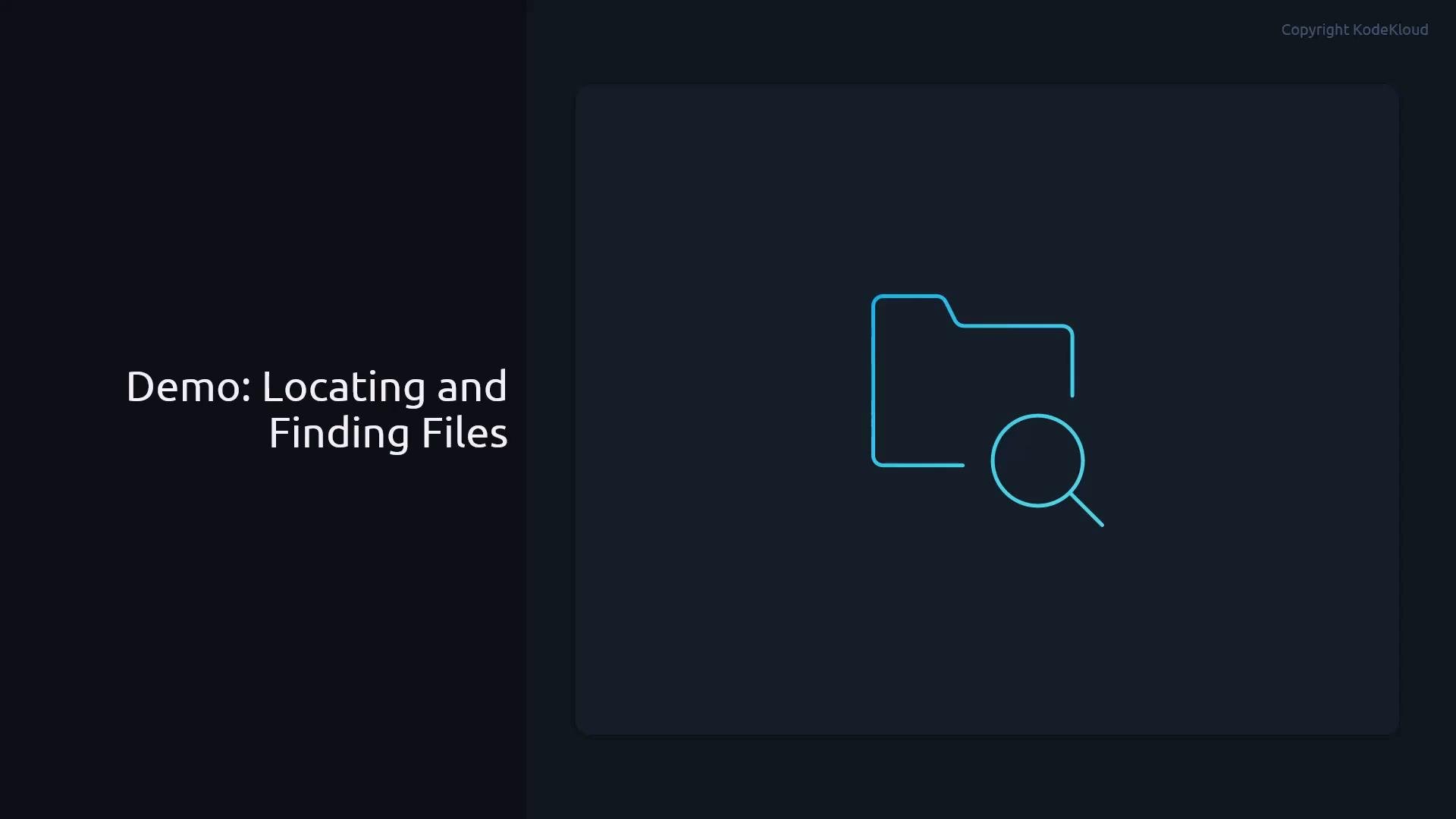 A dark presentation slide titled "Demo: Locating and Finding Files" on the left. On the right is a simple blue outline icon of a folder with a magnifying glass.