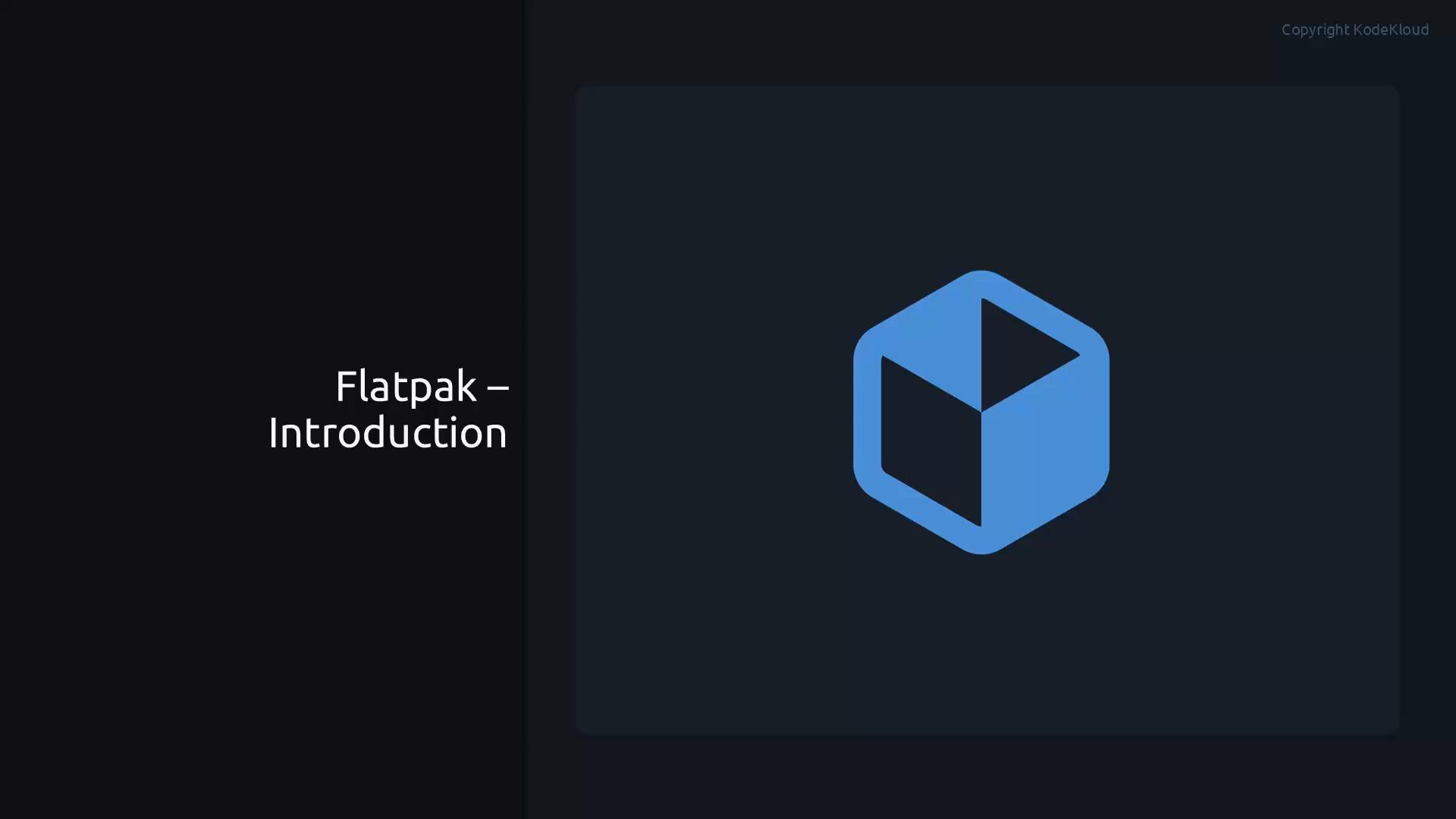 A dark presentation slide with the title "Flatpak – Introduction" on the left and a large blue Flatpak cube logo on the right. It looks like an opening slide for a Flatpak introduction.