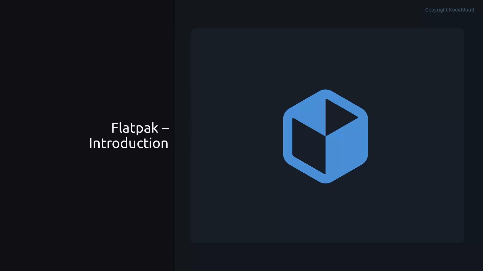 A dark presentation slide with the title "Flatpak – Introduction" on the left and a large blue Flatpak cube logo on the right. It looks like an opening slide for a Flatpak introduction.