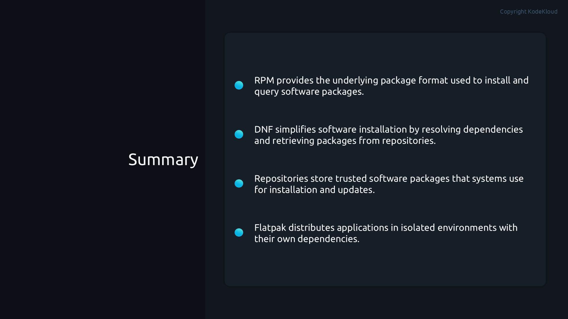 A dark-themed presentation slide titled "Summary" showing bullet points that explain RPM, DNF, repositories, and Flatpak as package management concepts. Each point is marked with a blue circular icon on a rounded dark panel.