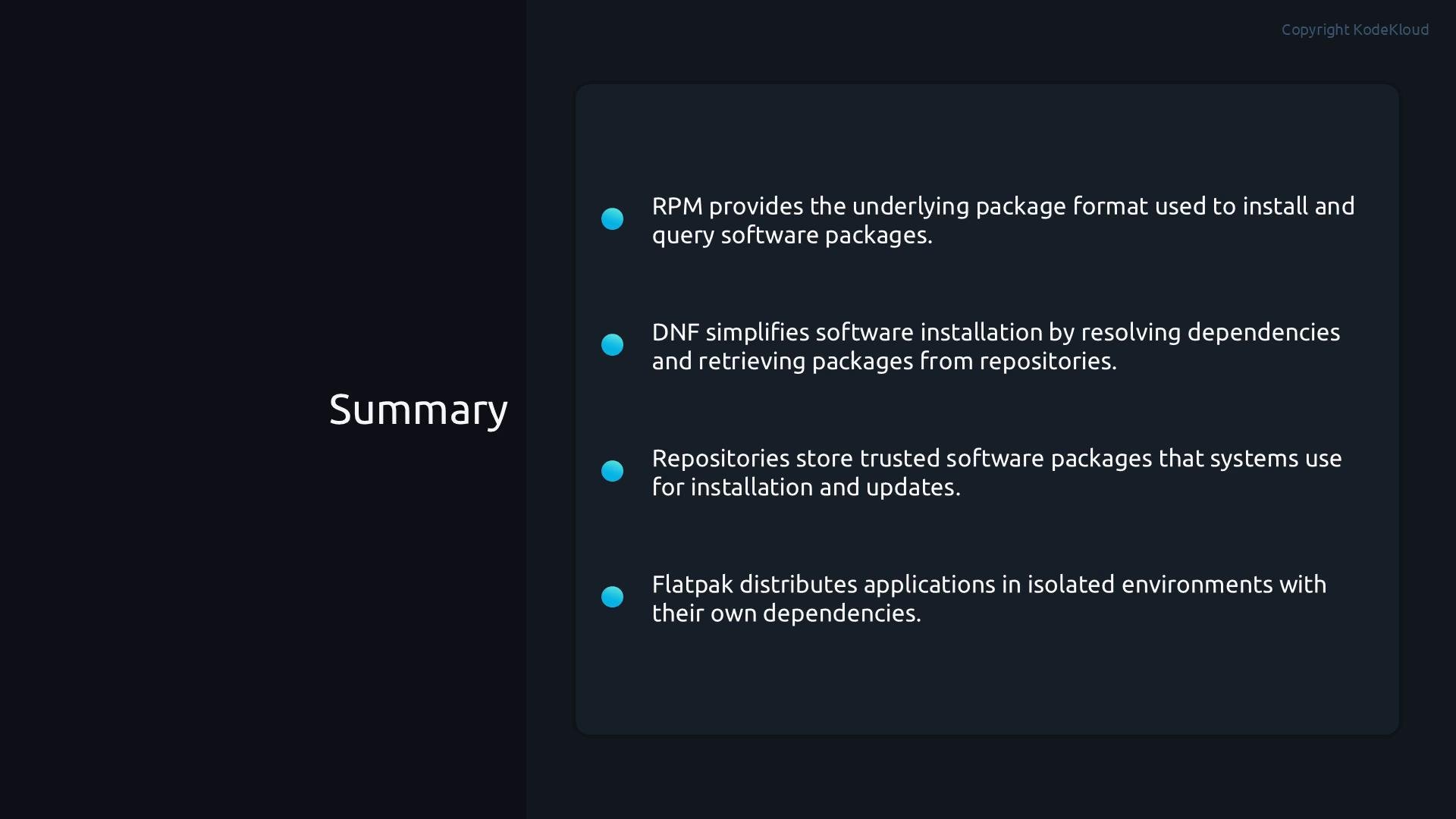 A dark-themed presentation slide titled "Summary" showing bullet points that explain RPM, DNF, repositories, and Flatpak as package management concepts. Each point is marked with a blue circular icon on a rounded dark panel.