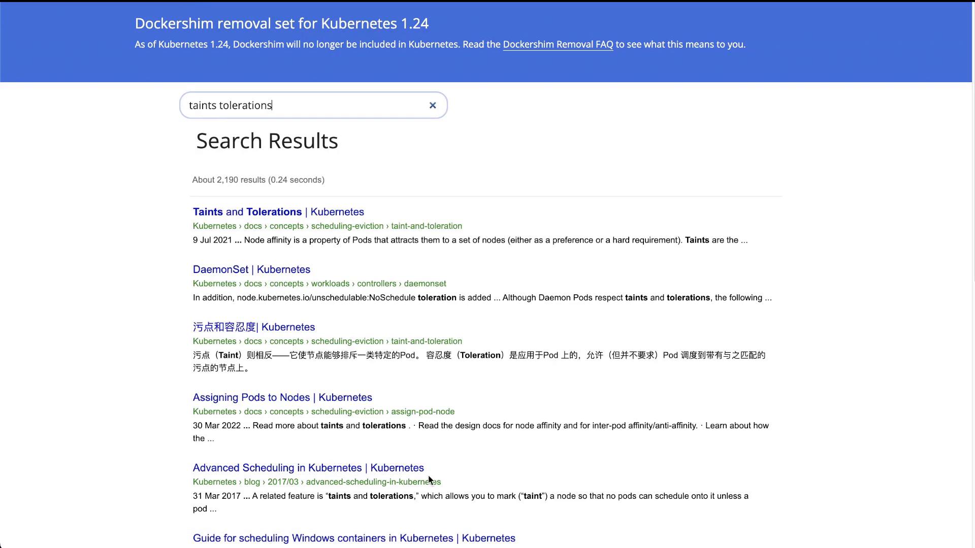 A screenshot of a web search results page showing Kubernetes documentation for "taints and tolerations" (search box contains the query). A blue banner at the top mentions the Dockershim removal for Kubernetes 1.24.