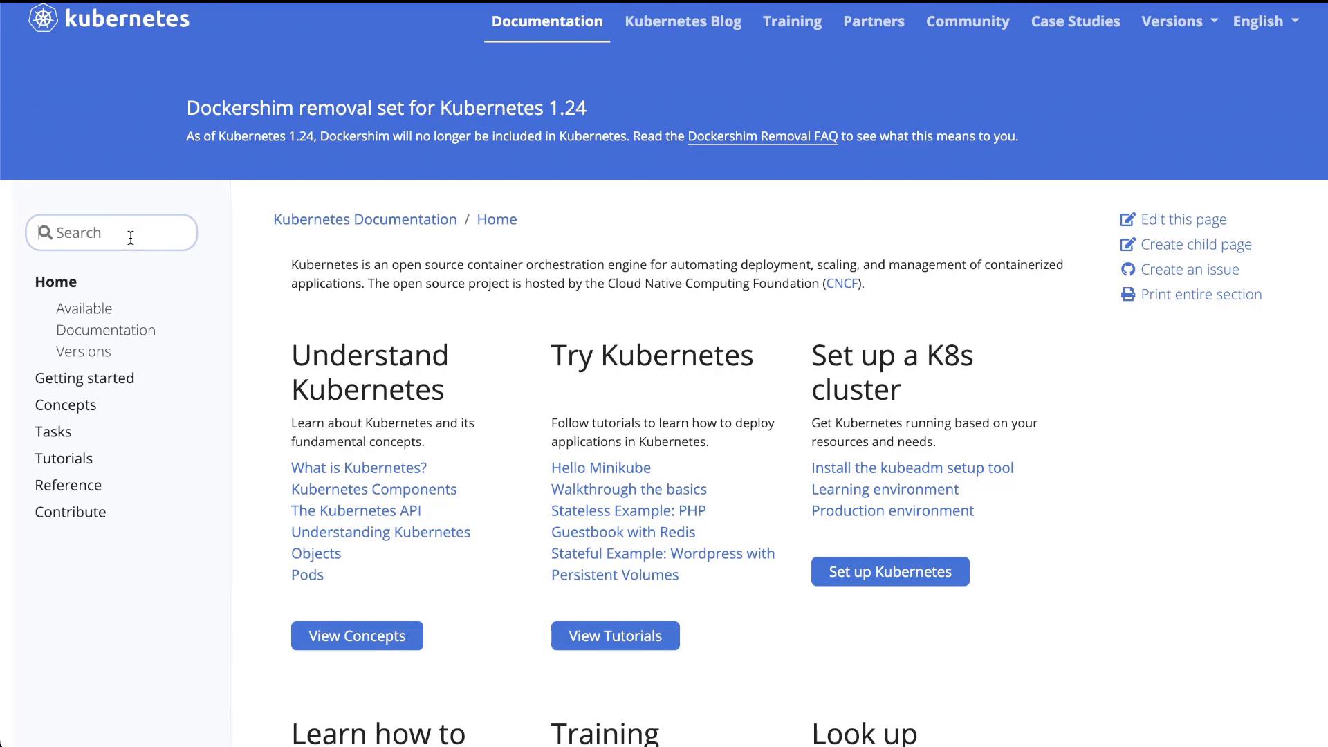 A screenshot of the Kubernetes documentation webpage, with a blue header announcing "Dockershim removal set for Kubernetes 1.24" and a left navigation pane. The main content shows three columns titled "Understand Kubernetes," "Try Kubernetes," and "Set up a K8s cluster" with links and action buttons.