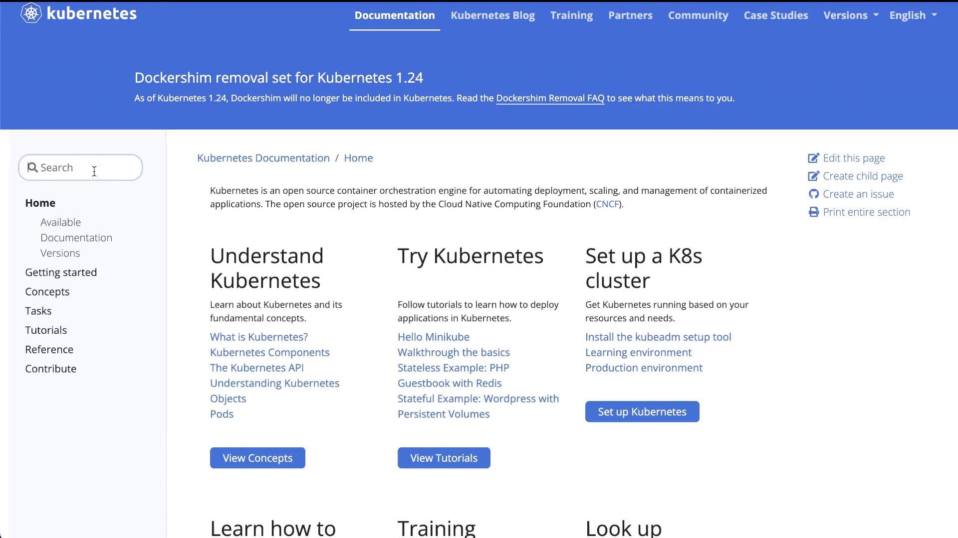 A screenshot of the Kubernetes documentation webpage, with a blue header announcing "Dockershim removal set for Kubernetes 1.24" and a left navigation pane. The main content shows three columns titled "Understand Kubernetes," "Try Kubernetes," and "Set up a K8s cluster" with links and action buttons.