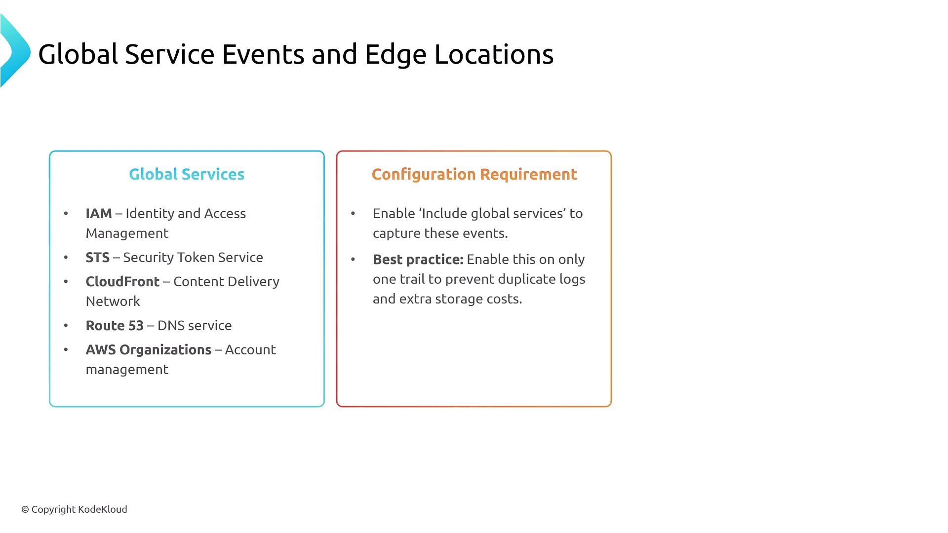 Slide titled "Global Service Events and Edge Locations" listing global AWS services (IAM, STS, CloudFront, Route 53, AWS Organizations). A configuration note advises enabling "Include global services" to capture these events and recommends enabling it on only one trail to avoid duplicate logs and extra storage costs.