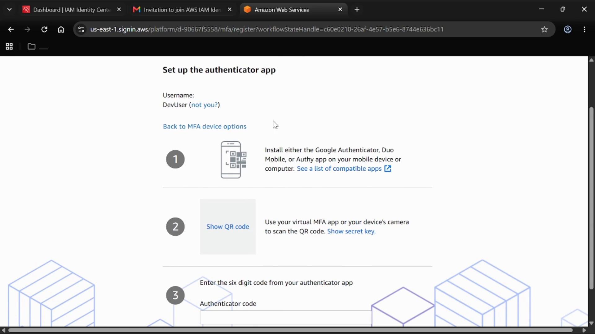 A screenshot of an AWS sign-in page titled "Set up the authenticator app" for the username "DevUser." It shows step-by-step MFA setup instructions: install an authenticator app, scan a QR code, and enter the six‑digit authenticator code.