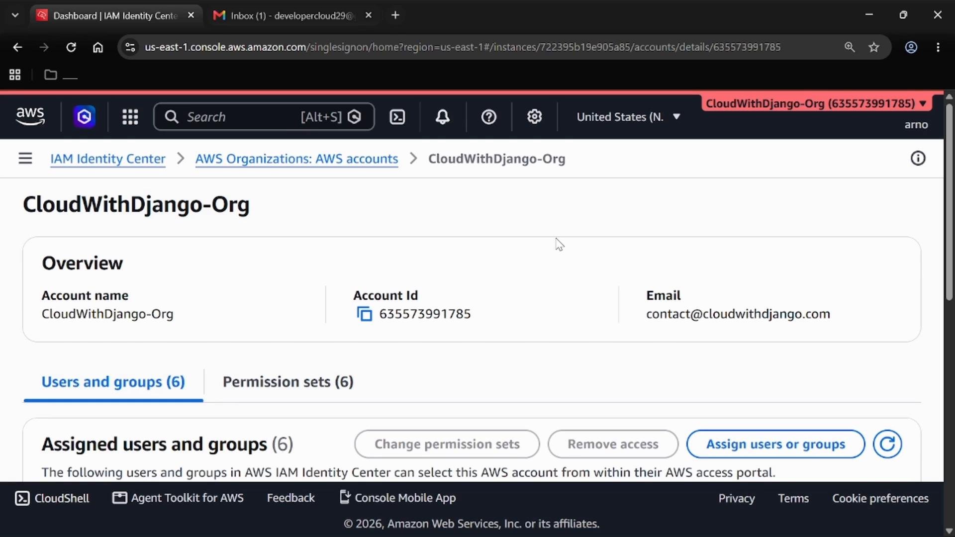 A screenshot of the AWS IAM Identity Center page for the "CloudWithDjango-Org" account. It shows the account overview with account ID and contact email, plus tabs for users/groups and permission sets.