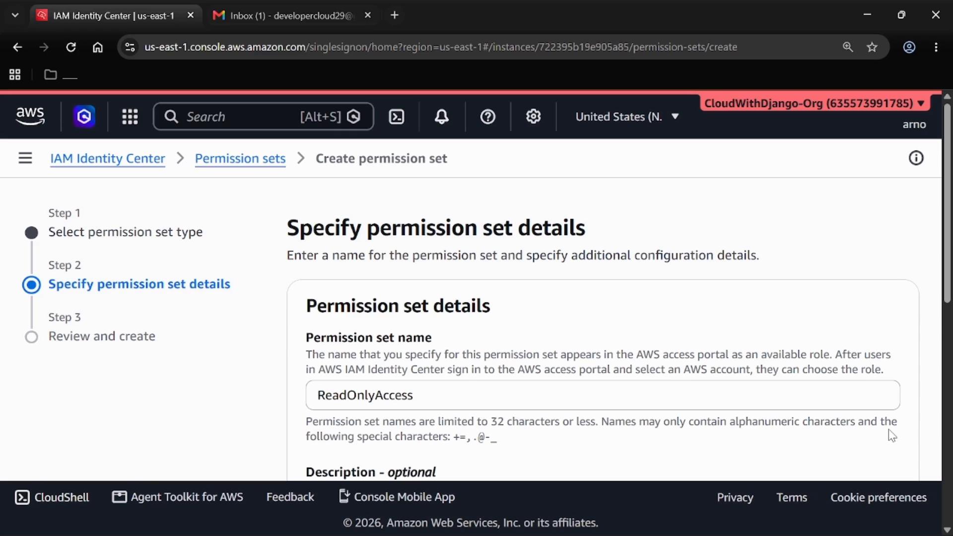 A screenshot of the AWS IAM Identity Center console on the "Create permission set" page, showing the "Specify permission set details" form with the permission set name set to "ReadOnlyAccess" and the step progress on the left.