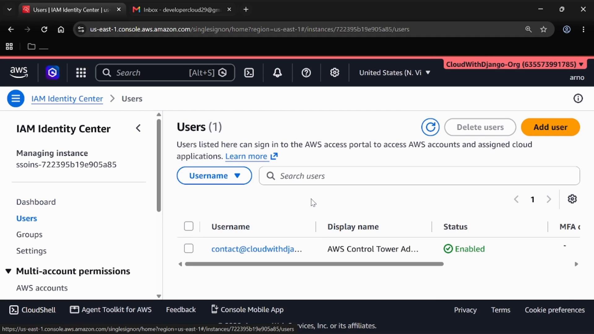 A screenshot of the AWS IAM Identity Center "Users" page showing a single listed user and controls to search, add, or delete users. The left menu and account/region header are also visible.