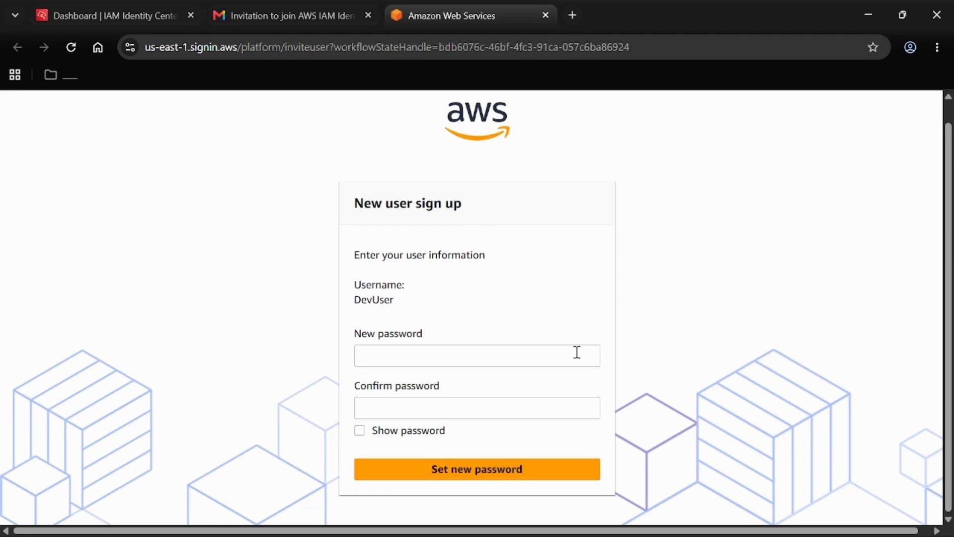 A screenshot of the AWS "New user sign up" page with fields to enter and confirm a new password for the username "DevUser." The form includes a "Show password" checkbox and an orange "Set new password" button.