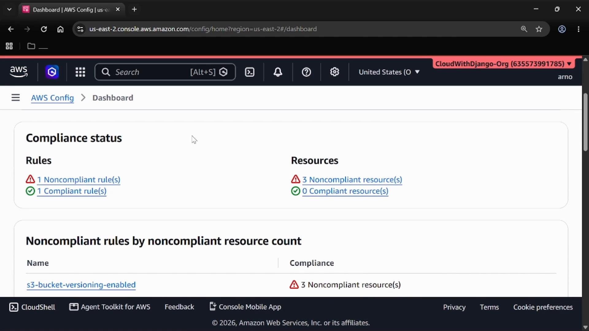 A screenshot of the AWS Config dashboard in a web browser showing compliance status. It lists 1 noncompliant rule and 1 compliant rule, and 3 noncompliant resources (0 compliant resources).