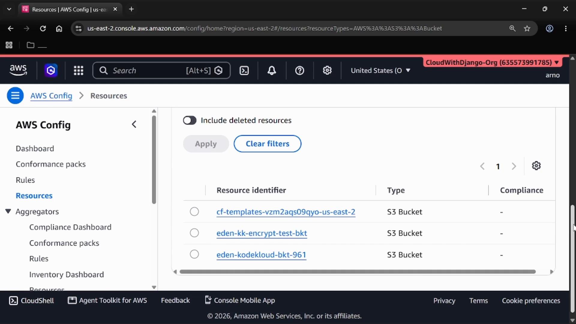 A screenshot of the AWS Config console Resources page displaying a list of S3 buckets, with left-hand navigation, filter controls, and bucket names in the main list.