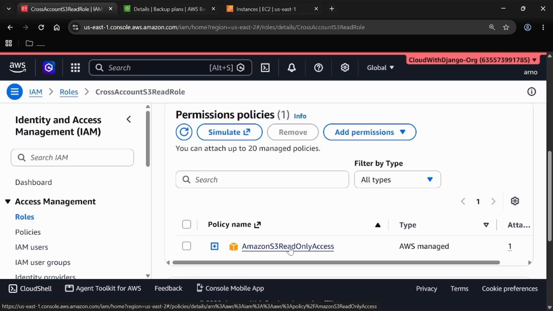 A screenshot of the AWS Identity and Access Management (IAM) console on the Roles page for "CrossAccountS3ReadRole," showing its Permissions policies. The policy list includes the AmazonS3ReadOnlyAccess managed policy and controls like Simulate, Remove, and Add permissions.