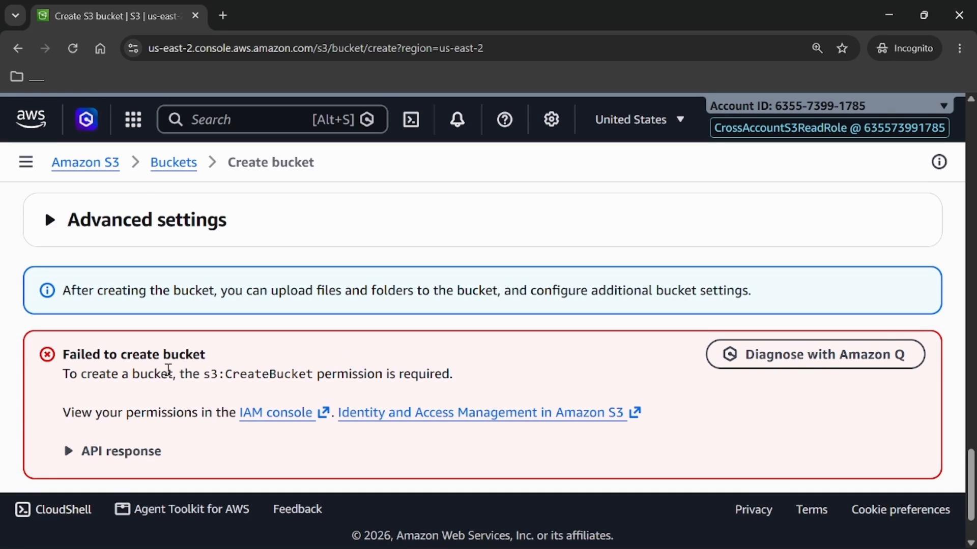Screenshot of the Amazon S3 "Create bucket" console. It displays a red error message: "Failed to create bucket" because the s3:CreateBucket permission is required, with the Advanced settings panel and a "Diagnose with Amazon Q" button visible.