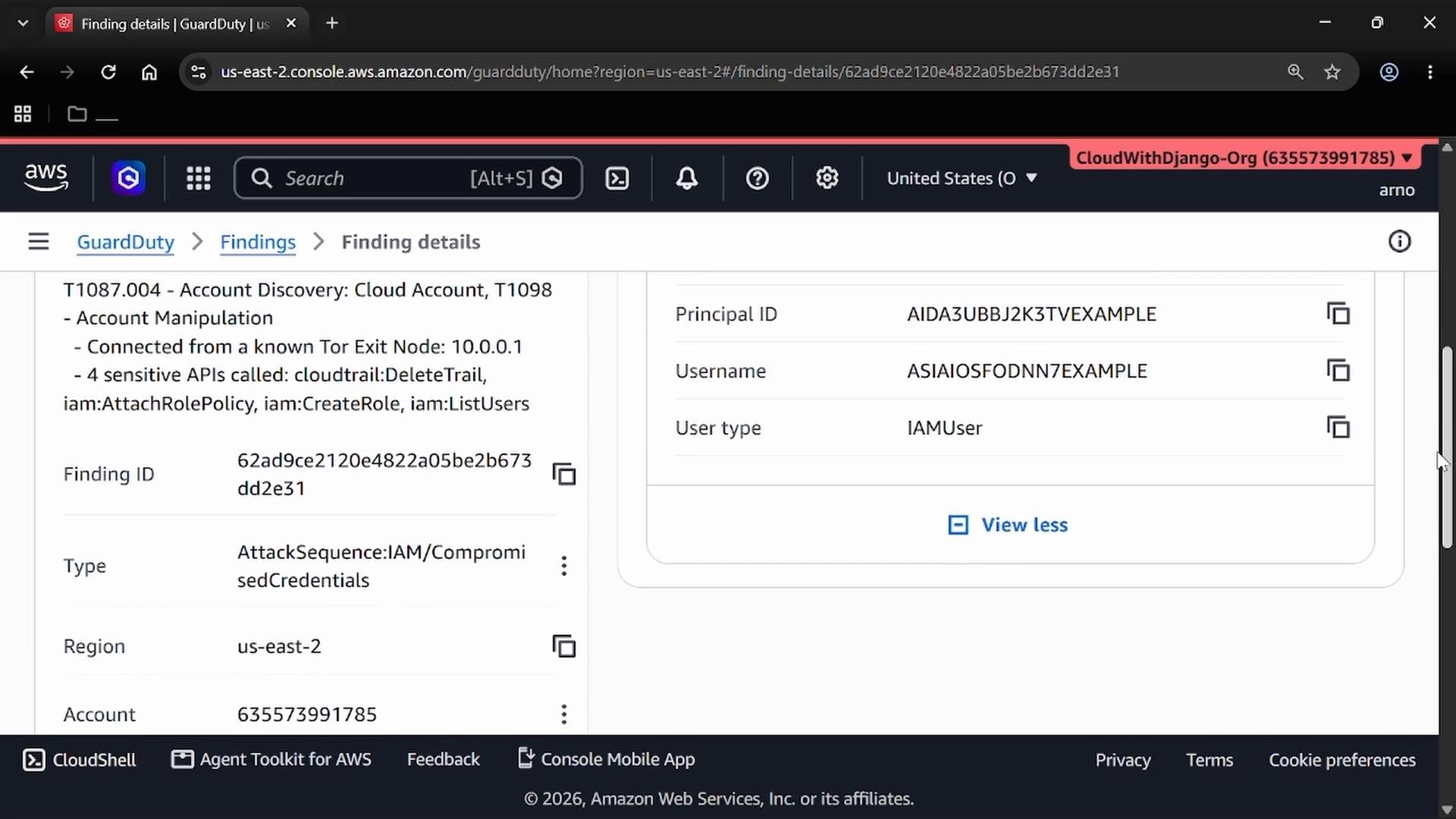 A screenshot of the AWS GuardDuty "Finding details" page showing an account-discovery/account-manipulation finding with a finding ID, region and account. It also shows details like a connected Tor exit node, sensitive API calls, and the principal ID/username.