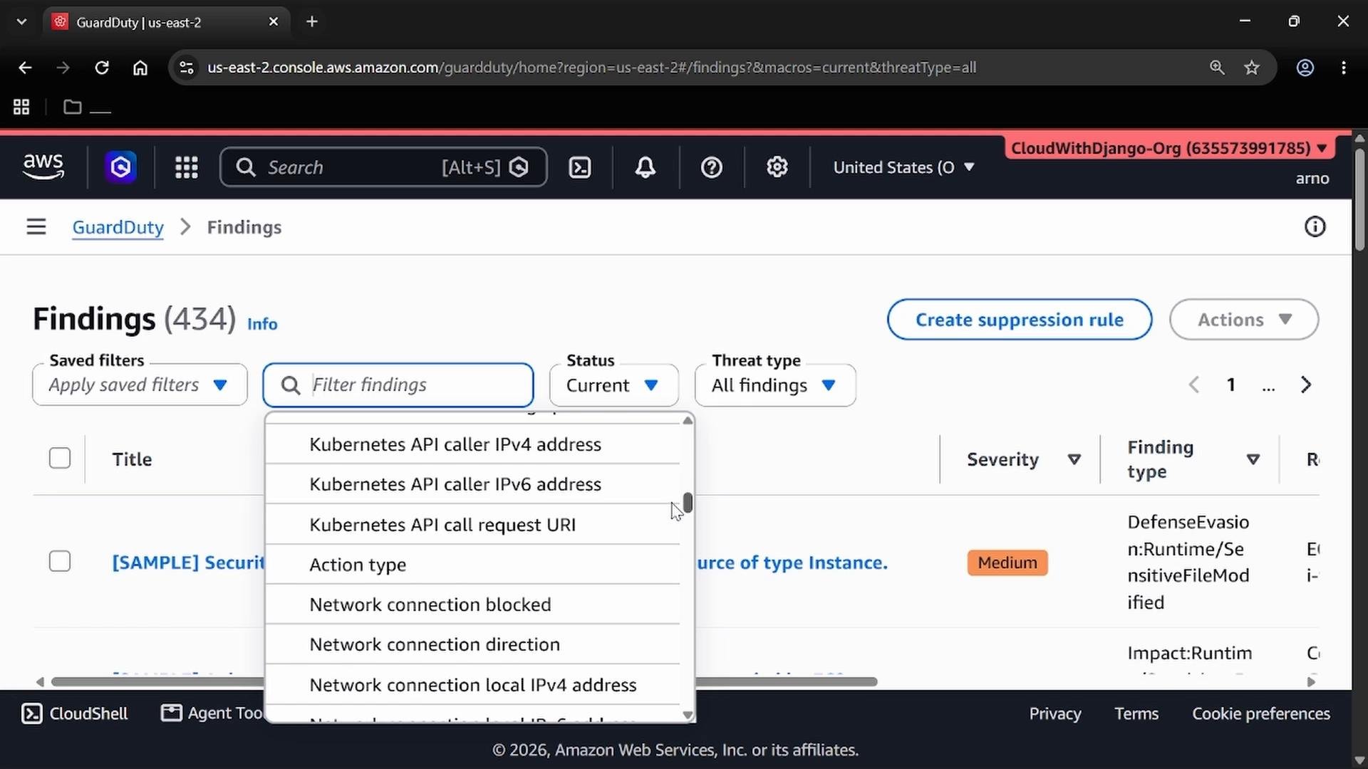 A screenshot of the AWS GuardDuty console showing the "Findings" page with 434 findings and an open filter dropdown listing options like "Kubernetes API caller IPv4 address" and "Network connection." The page also shows buttons for "Create suppression rule" and "Actions."