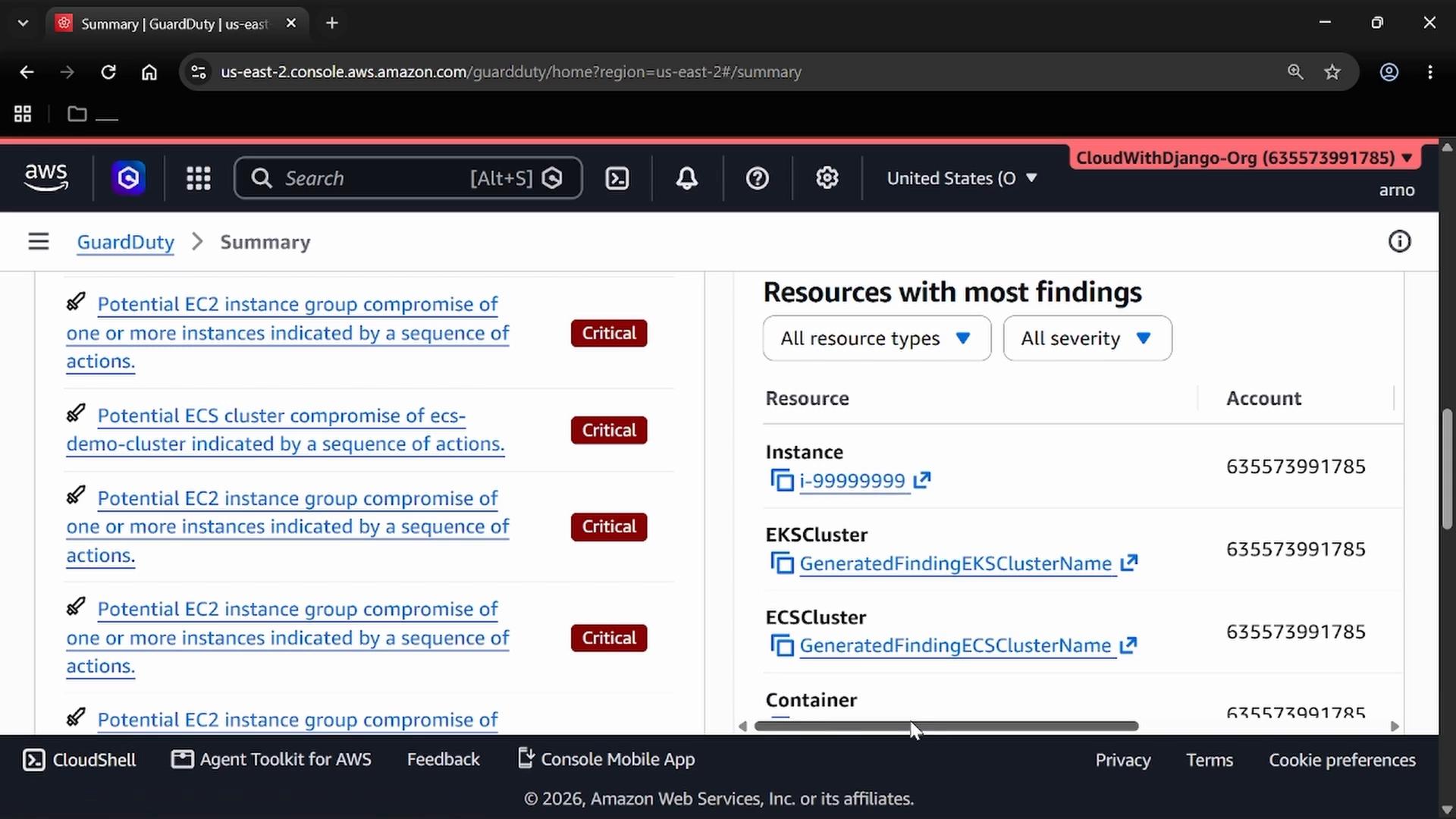 Screenshot of the AWS GuardDuty Summary page showing multiple critical findings on the left and a "Resources with most findings" list on the right with instance and cluster entries. The left column shows repeated "Potential EC2 instance group compromise" alerts marked Critical.