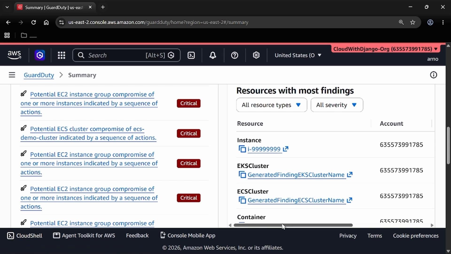 Screenshot of the AWS GuardDuty Summary page showing multiple critical findings on the left and a "Resources with most findings" list on the right with instance and cluster entries. The left column shows repeated "Potential EC2 instance group compromise" alerts marked Critical.