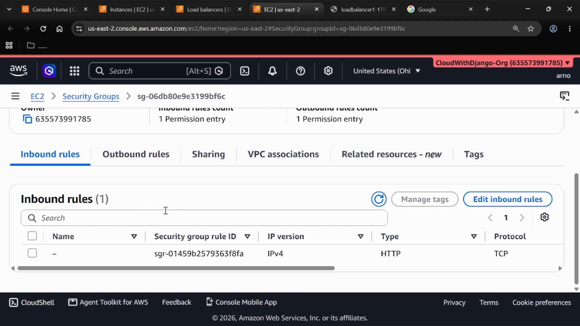 A screenshot of the AWS EC2 Security Groups console showing the "Inbound rules" tab for a security group. It lists one inbound rule allowing HTTP (TCP) over IPv4.