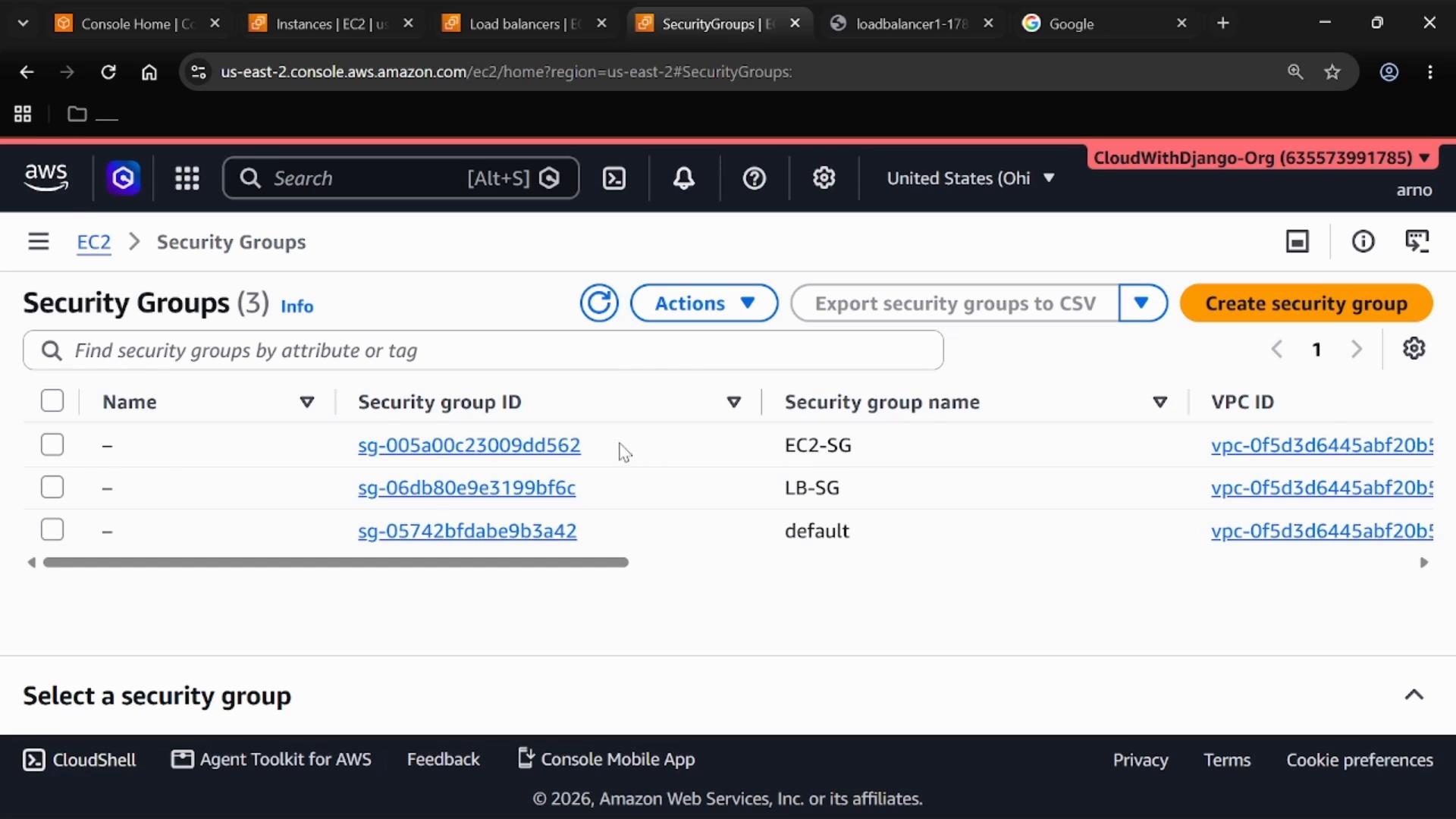 A screenshot of the AWS EC2 "Security Groups" console showing a list of three security groups with their IDs, names (EC2-SG, LB-SG, default) and VPC links. The page header shows the AWS region and a "Create security group" button.