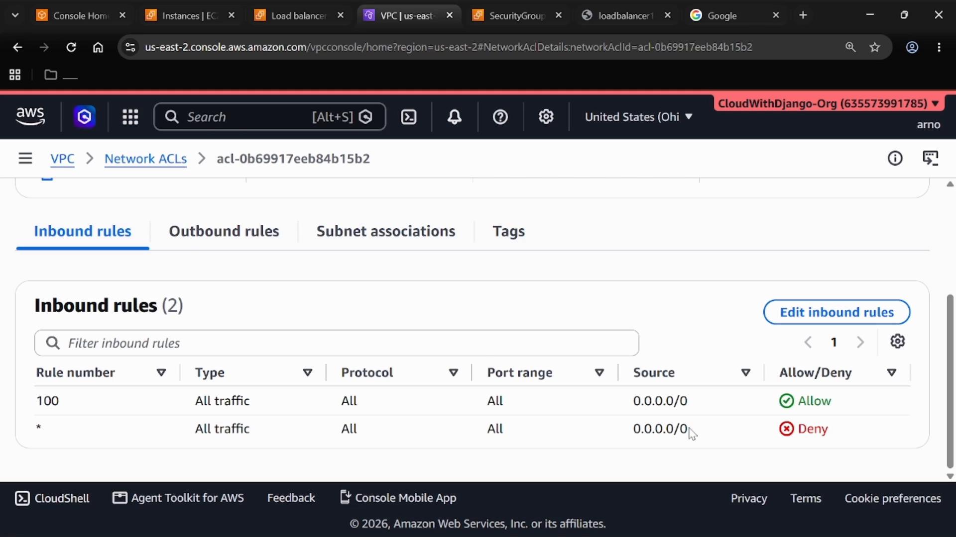 A screenshot of the AWS VPC console on the Network ACLs page showing the Inbound rules tab. It lists two rules for "All traffic" with rule 100 allowing 0.0.0.0/0 and a fallback rule denying all.