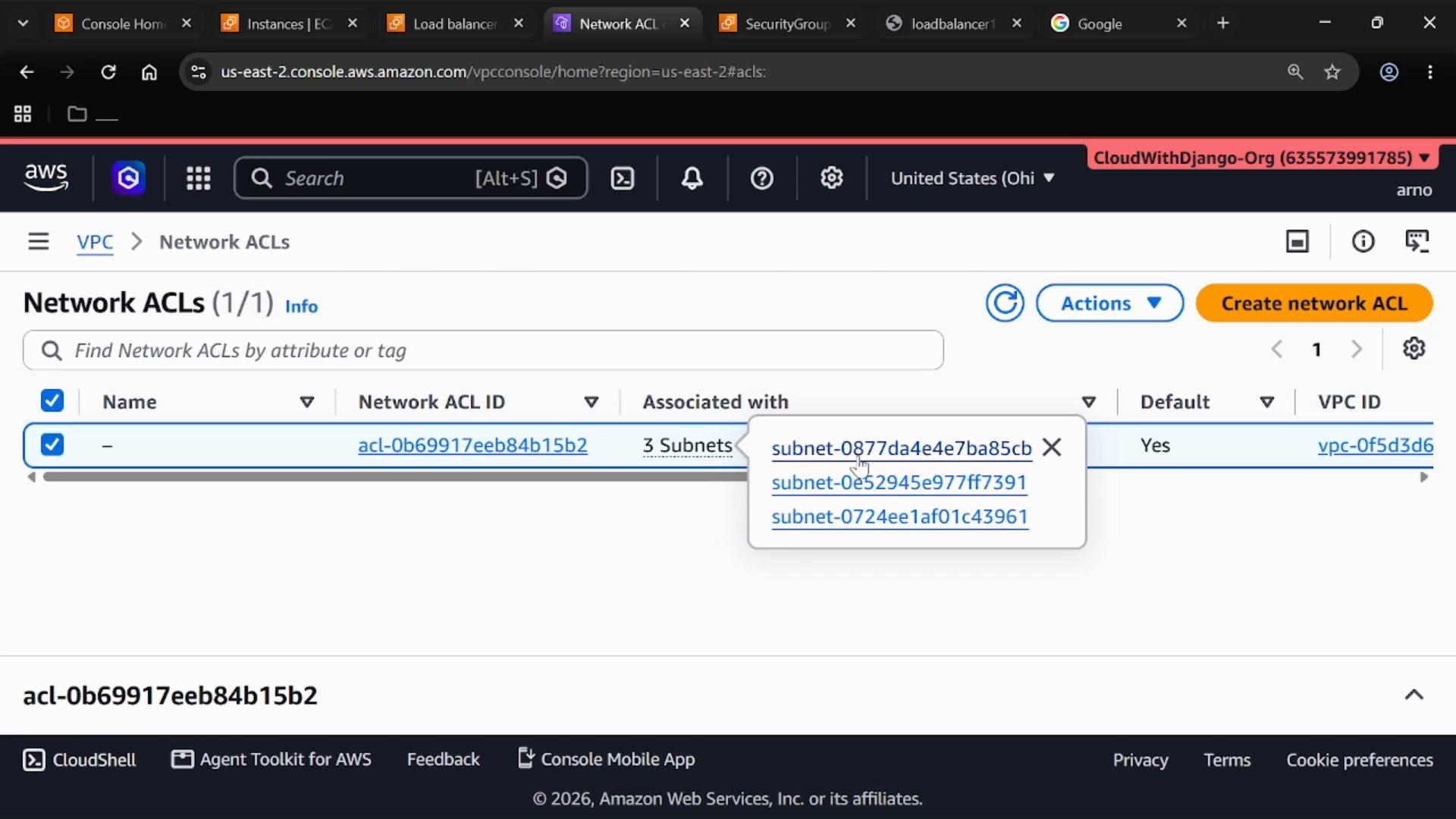 A screenshot of the AWS VPC console showing the "Network ACLs" page. It highlights a network ACL (acl-0b69917eeb84b15b2) that is associated with three subnets, with subnet IDs listed in a popup.