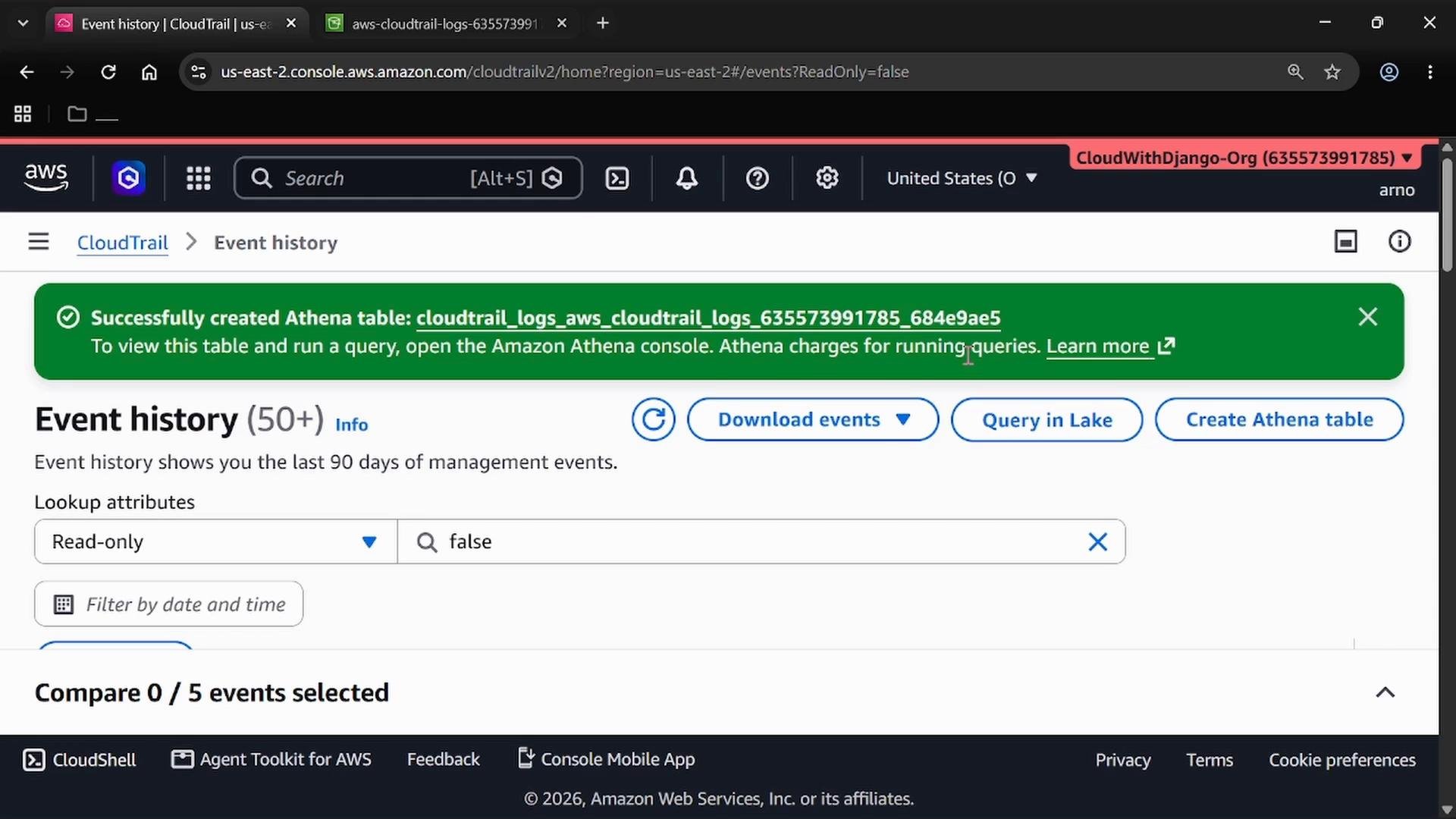 A screenshot of the AWS CloudTrail Event history page in the AWS console showing a green success banner that an Amazon Athena table was created. The page also displays controls like "Download events," "Query in Lake," and "Create Athena table."
