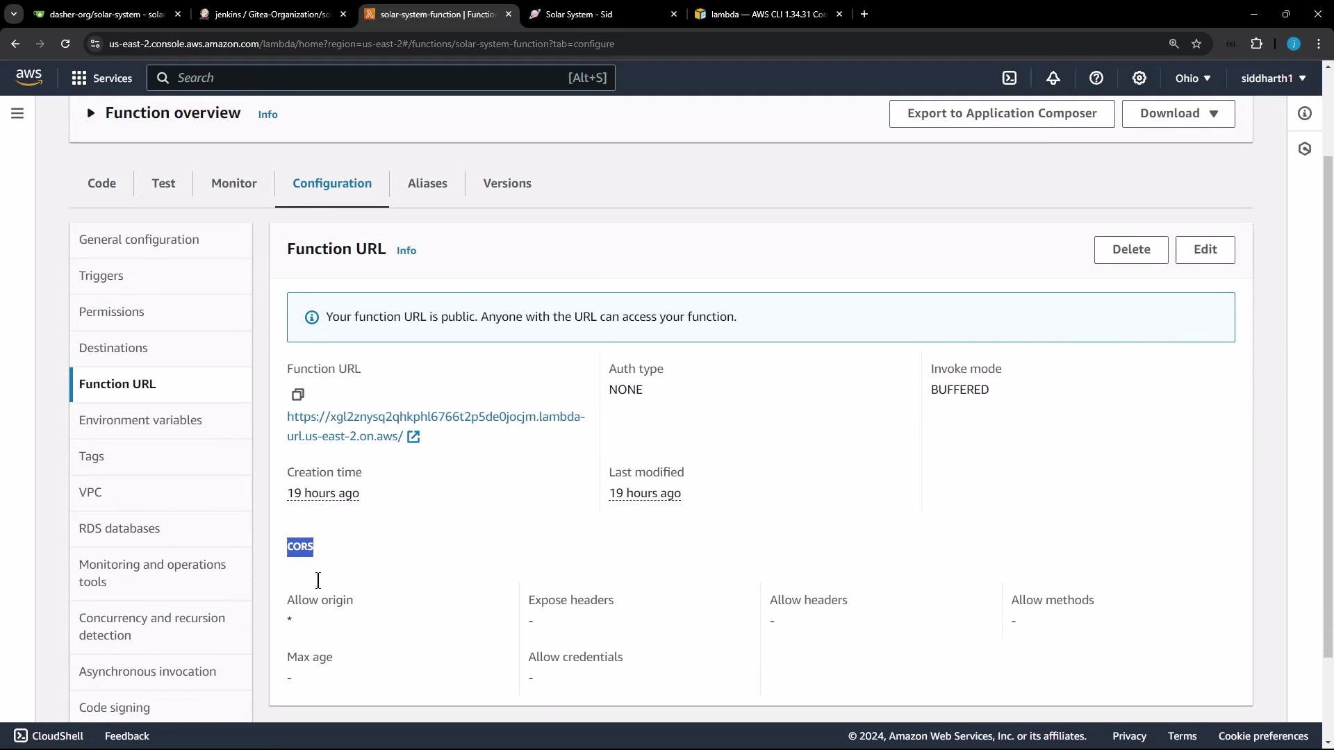 A screenshot of the AWS Lambda console on the Configuration > Function URL tab, showing a public function URL with Auth type "NONE", Invoke mode "BUFFERED", and CORS settings. The left sidebar lists other configuration sections like Triggers, Permissions, and Environment variables.