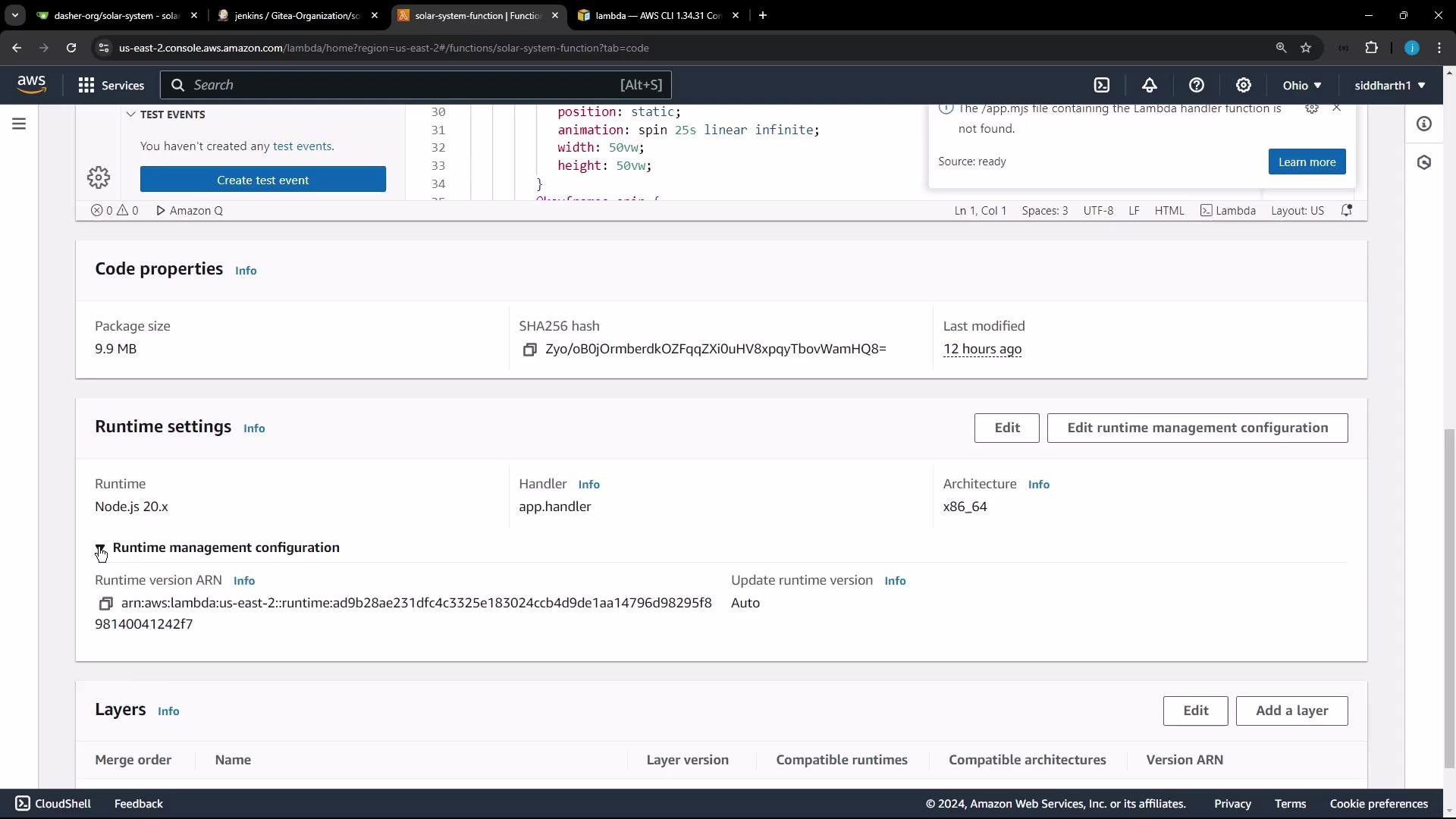 A screenshot of the AWS Lambda console showing a function's Code properties and Runtime settings, including package size (9.9 MB), SHA256 hash, and last modified timestamp. It lists the runtime as Node.js 20.x, handler app.handler, and architecture x86_64.