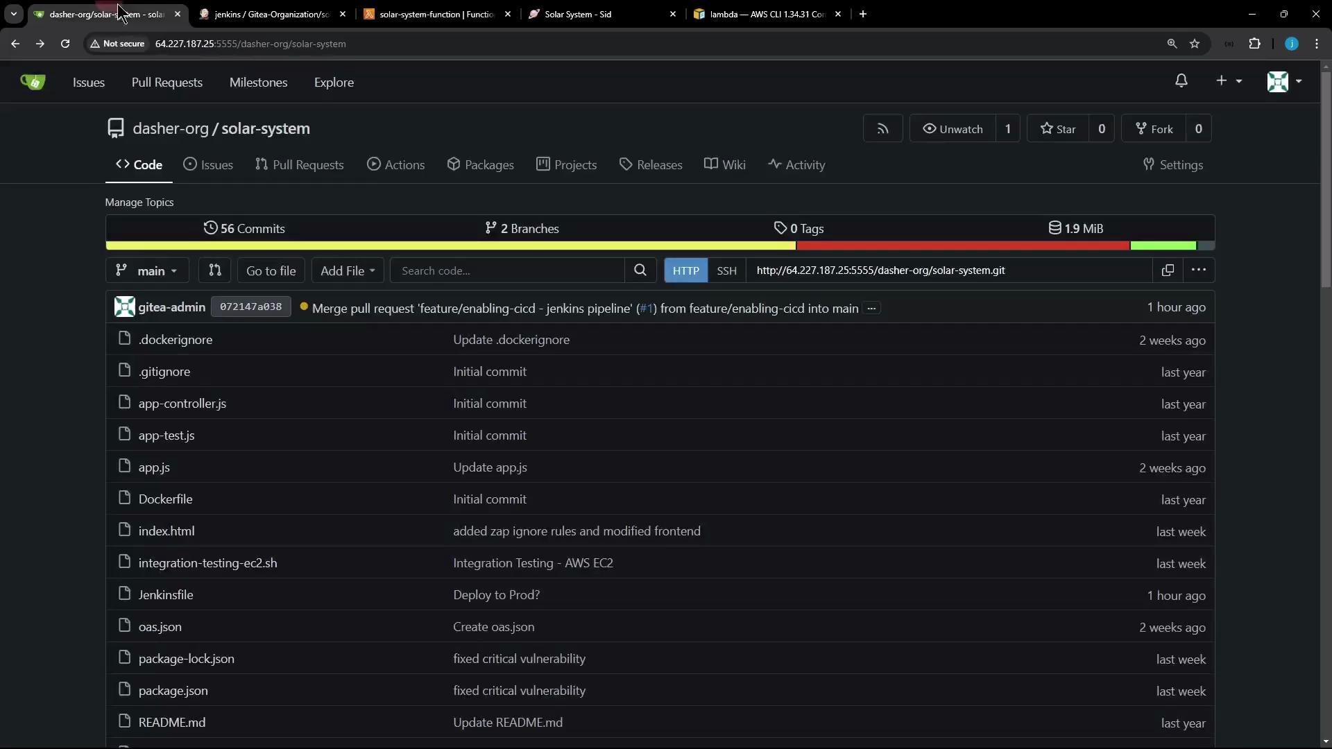 A dark-themed browser view of a code repository page (dasher-org/solar-system) showing the file list, recent commits, branches and repository stats. The page displays filenames like Dockerfile, app.js and README.md along with commit messages and timestamps.