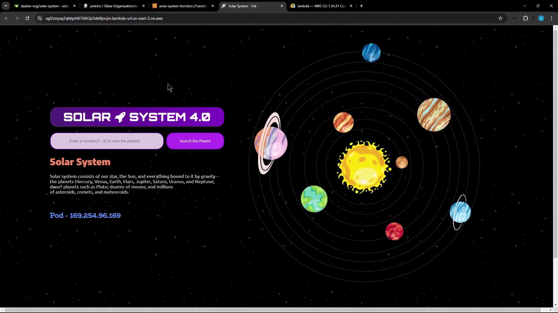 A web page titled "SOLAR SYSTEM 4.0" with a starry background showing a colorful, cartoon-style Sun and planets arranged in orbital rings on the right. On the left are a purple search/input panel and descriptive text about the solar system.