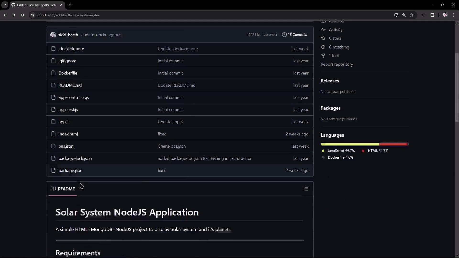 A dark-mode screenshot of a GitHub repository page showing a file list
(README.md, app.js, index.html, package.json, etc.). The README titled "Solar
System NodeJS Application" is visible, with a language breakdown (JavaScript,
HTML, Dockerfile) in the
sidebar.