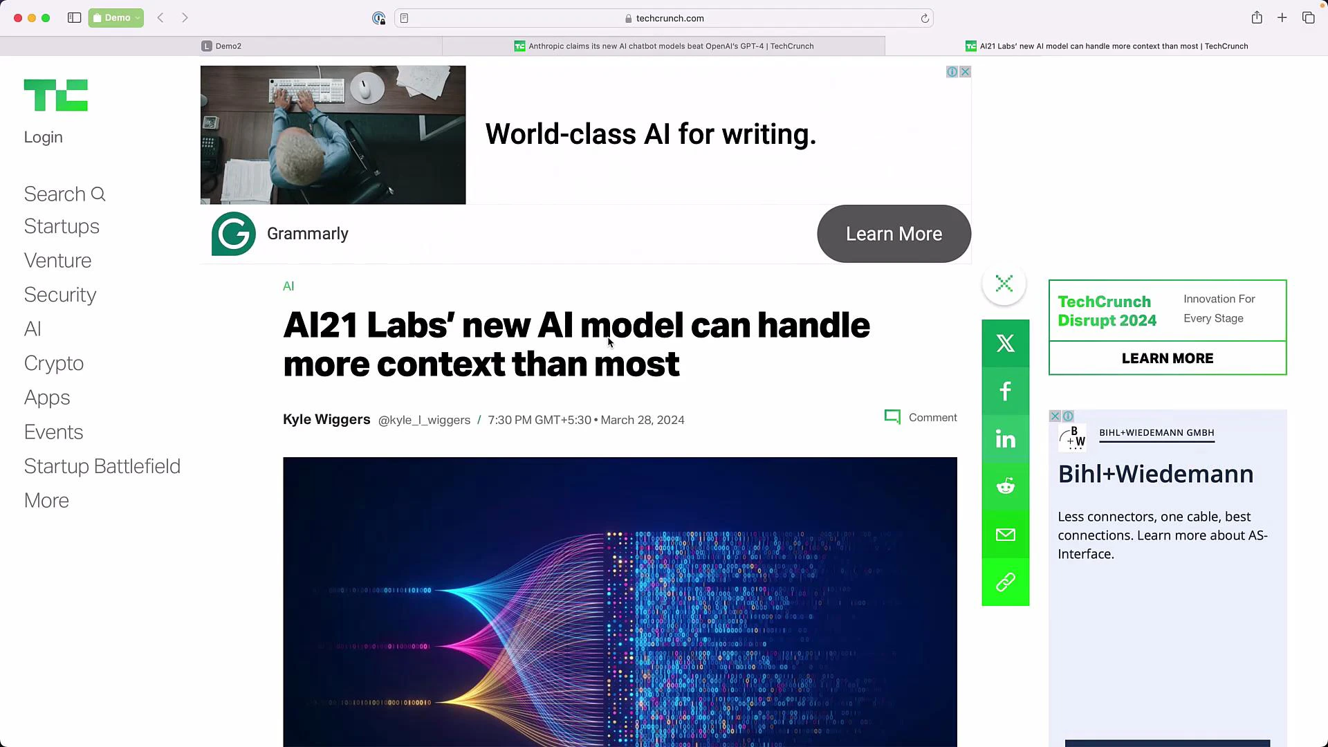 A TechCrunch article page with the headline "AI21 Labs' new AI model can handle more context than most." The layout shows site navigation on the left, ads on the right, and a colorful AI/data visualization image beneath the headline.