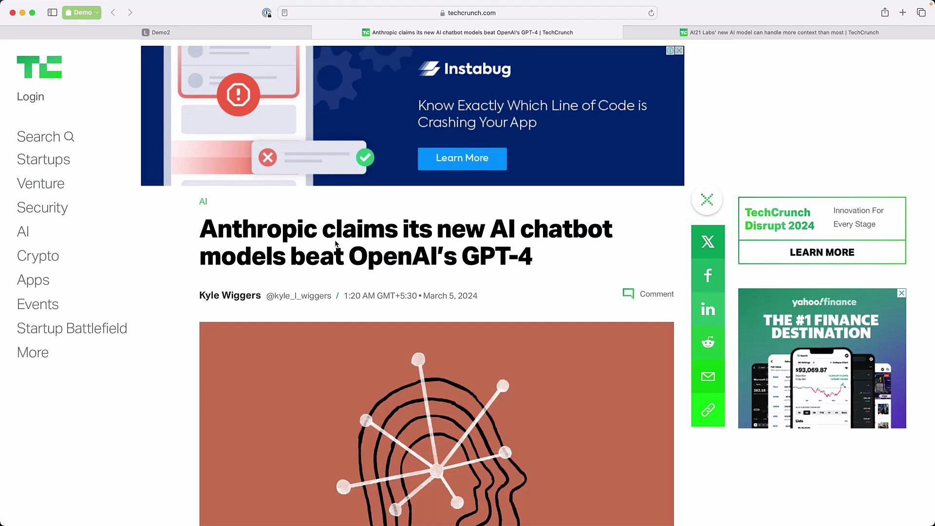 A screenshot of a TechCrunch article with the headline "Anthropic claims its new AI chatbot models beat OpenAI's GPT-4," showing site navigation on the left and ads/sidebars on the right. The byline shows Kyle Wiggers and a March 5, 2024 timestamp.