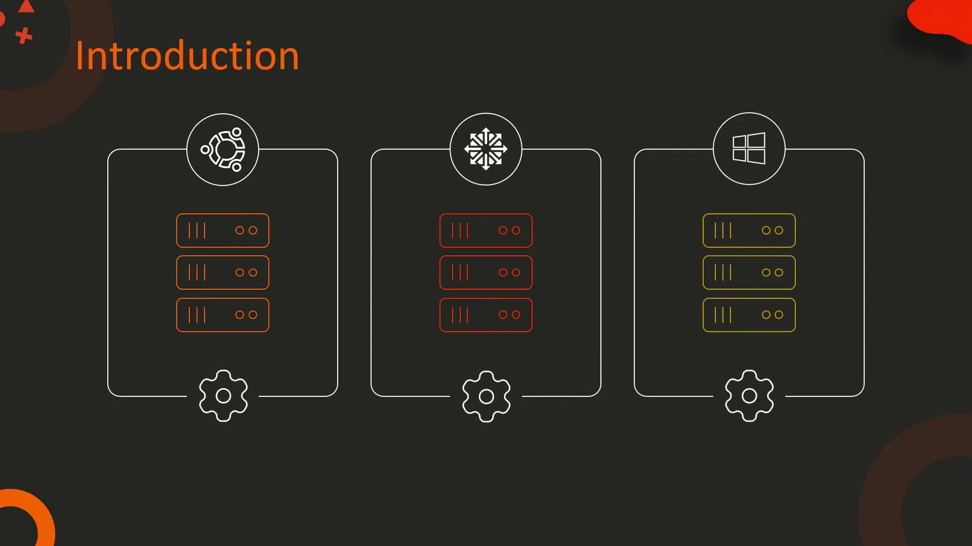 A dark presentation slide titled "Introduction" showing three outlined panels, each containing a stack of server icons. Each panel is topped with an operating-system logo (Ubuntu, CentOS, Windows) and a gear icon at the bottom.