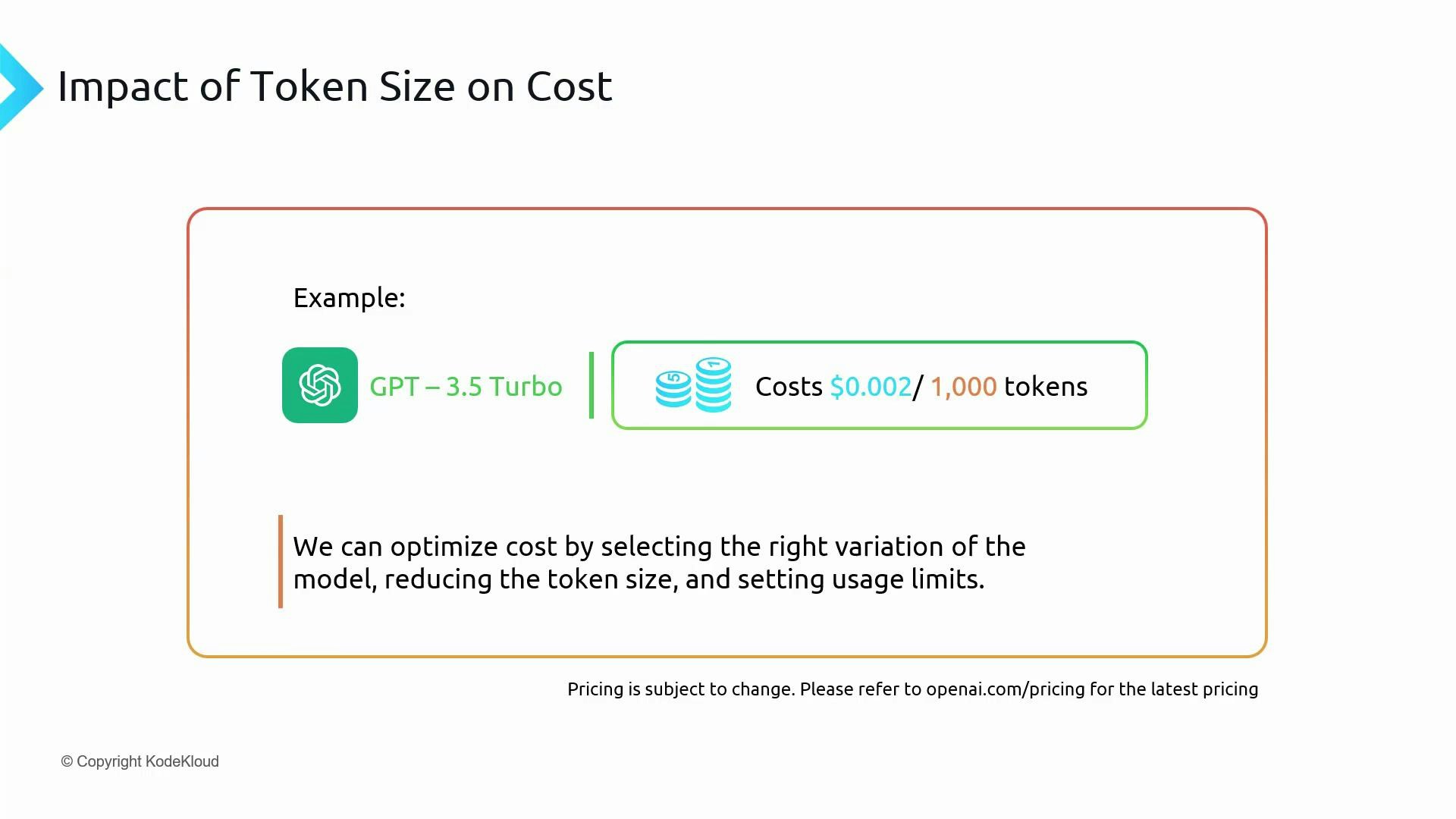 A presentation slide titled "Impact of Token Size on Cost" showing an example that GPT‑3.5 Turbo costs $0.002 per 1,000 tokens. It also notes you can optimize cost by selecting the right model, reducing token size, and setting usage limits.