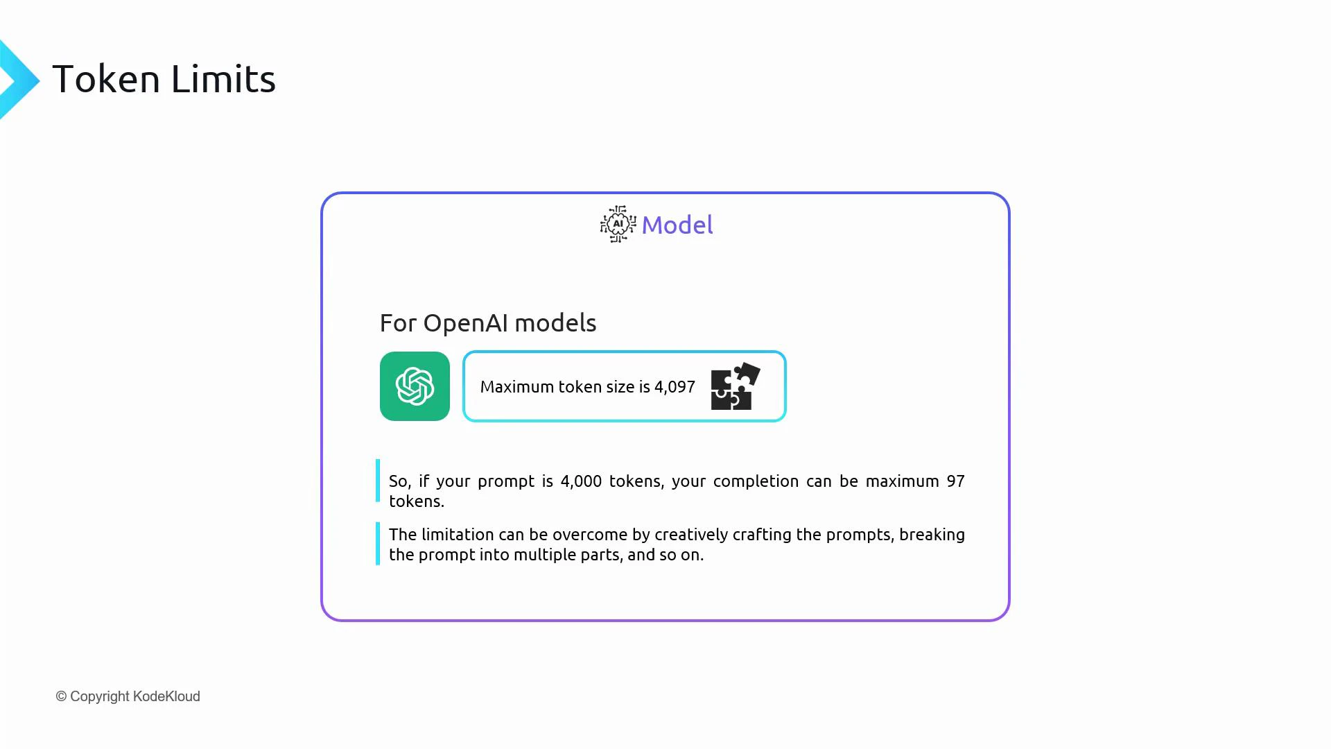 A slide titled "Token Limits" that states OpenAI models have a maximum token size of 4,097. It notes that a 4,000-token prompt leaves up to 97 tokens for the completion and suggests breaking prompts into parts to work around the limit.
