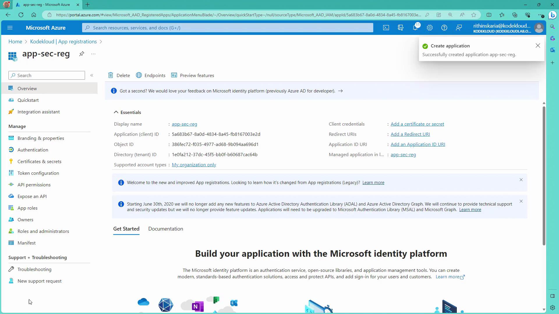 Register an application with App Registration - KodeKloud