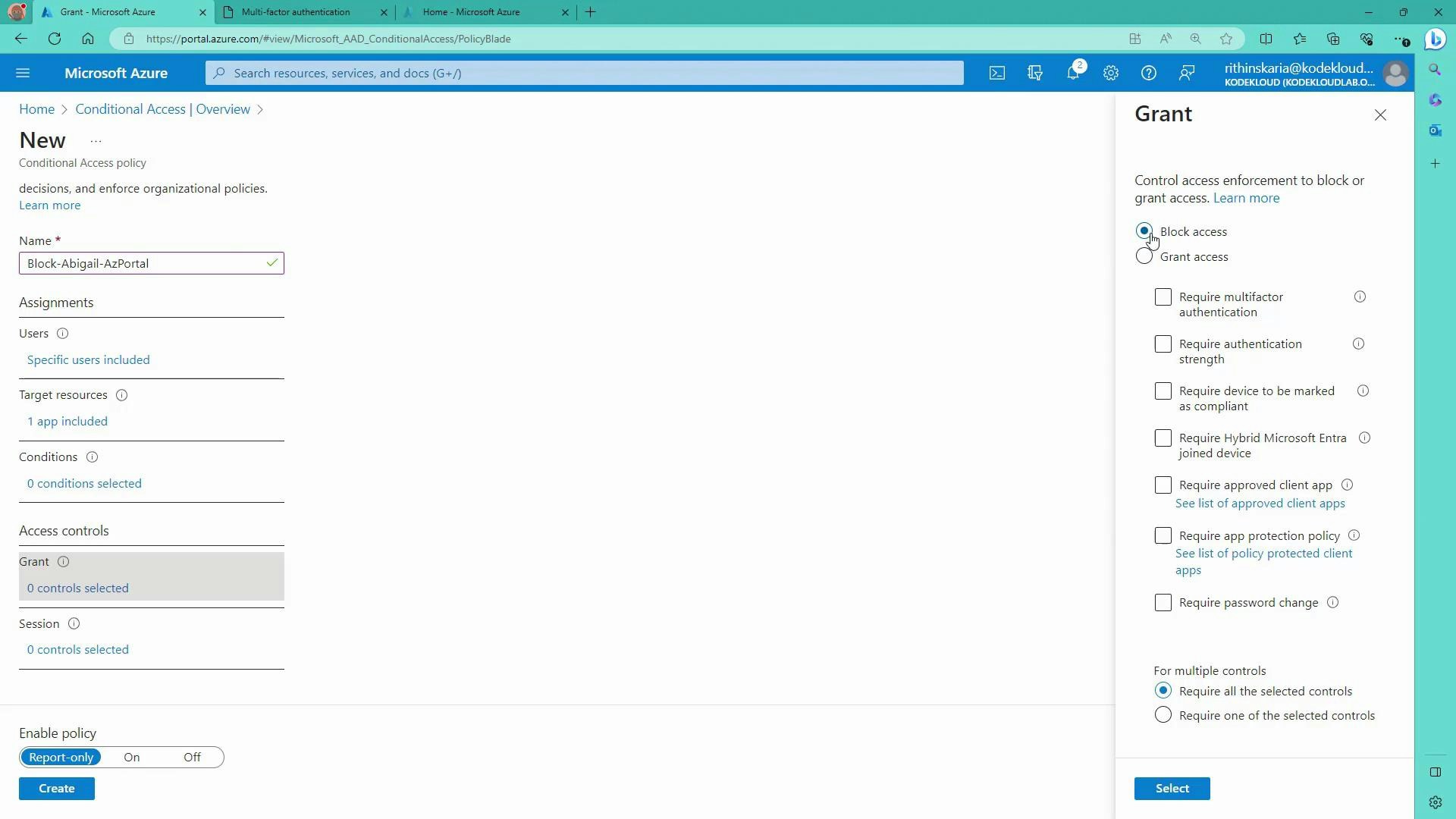 A screenshot of the Microsoft Azure portal showing the Conditional Access "New" policy named "Block-Abigail-AzPortal." The Grant pane is open on the right with "Block access" selected and various authentication/conditional controls listed.