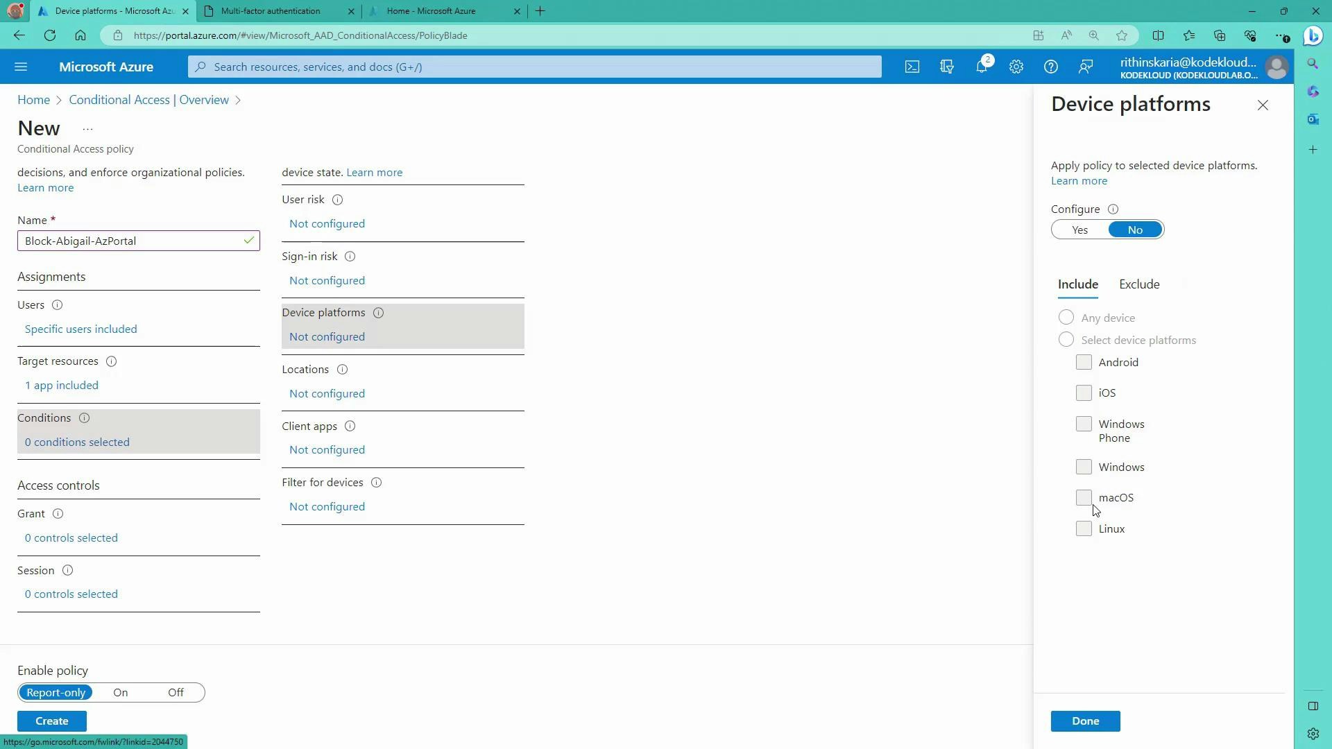 A screenshot of the Microsoft Azure portal showing the Conditional Access "New" policy creation page. The Device platforms pane is open on the right, listing selectable platforms like Android, iOS, Windows, macOS, and Linux.